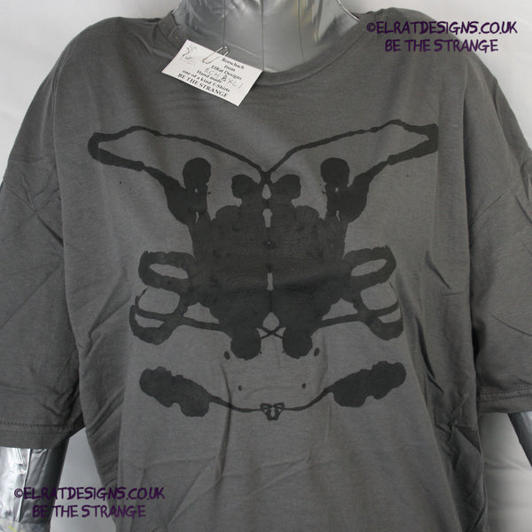 Rorschach, Charcoal cotton T-Shirt with Black ink blot - Extra Large #1 (RCH B XL1) - ElRat Designs - elratdesigns.co.uk
