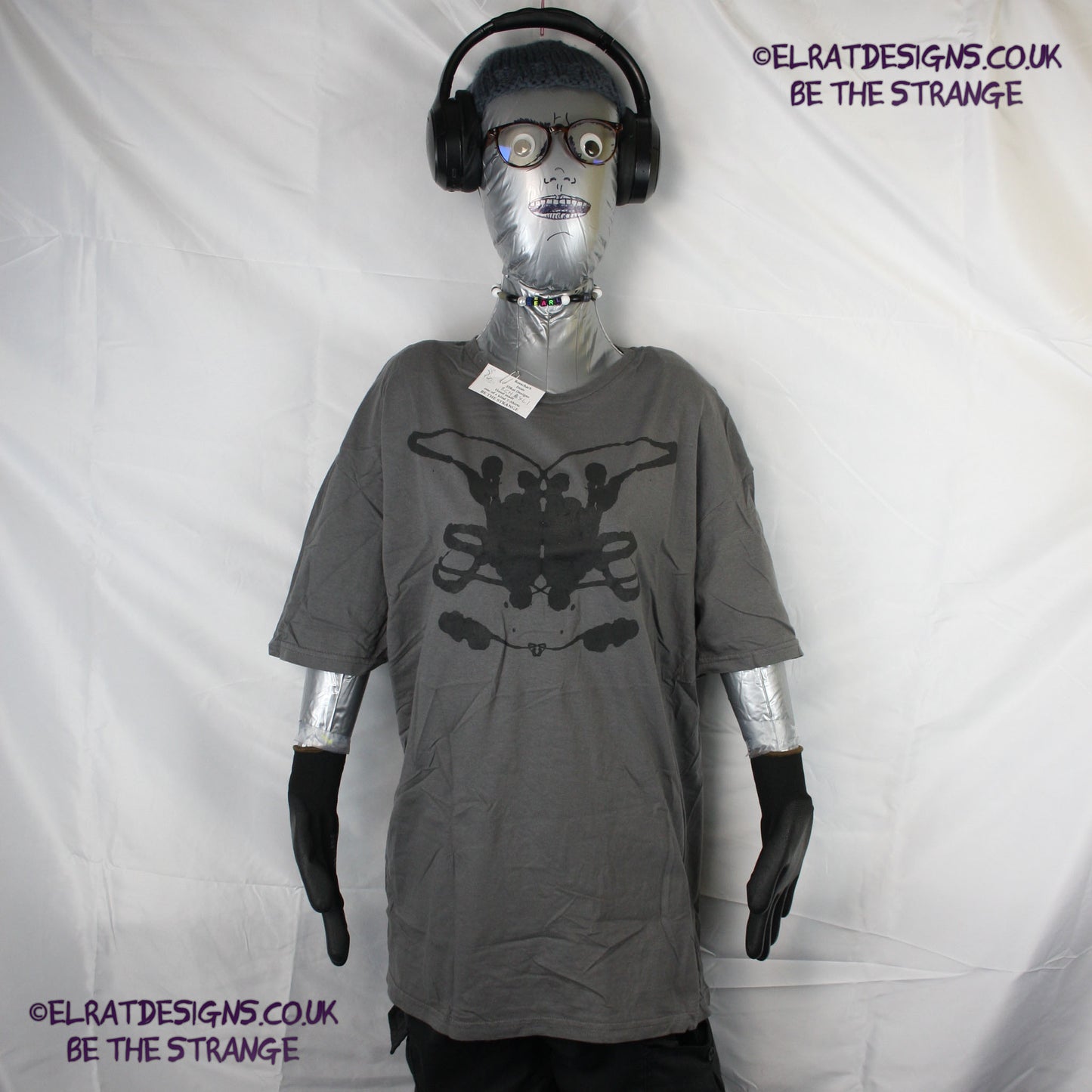 Rorschach, Charcoal cotton T-Shirt with Black ink blot - Extra Large #1 (RCH B XL1) - ElRat Designs - elratdesigns.co.uk