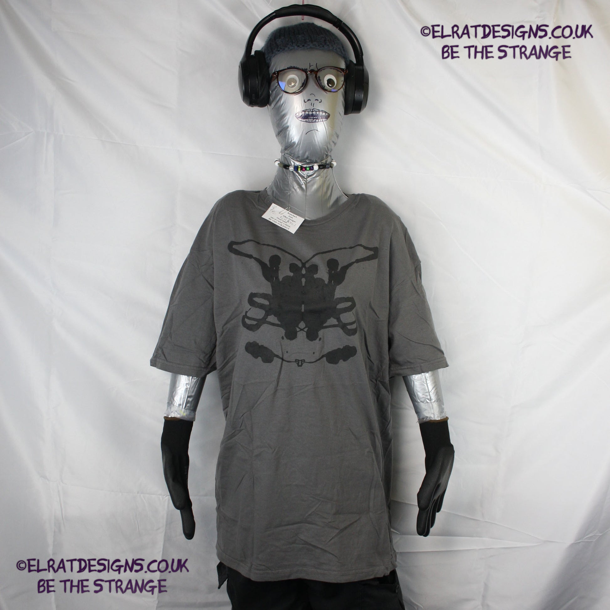 Rorschach, Charcoal cotton T-Shirt with Black ink blot - Extra Large #1 (RCH B XL1) - ElRat Designs - elratdesigns.co.uk