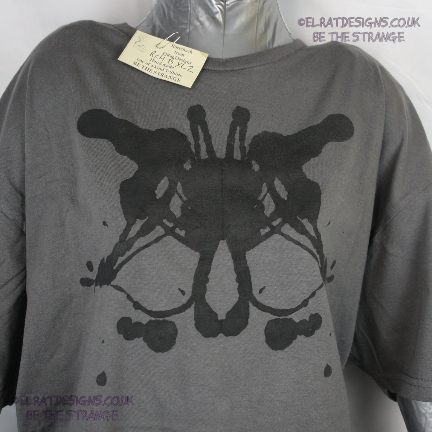 Rorschach, Charcoal cotton T-Shirt with Black ink blot - Extra Large #2 (RCH B XL2) - ElRat Designs - elratdesigns.co.uk