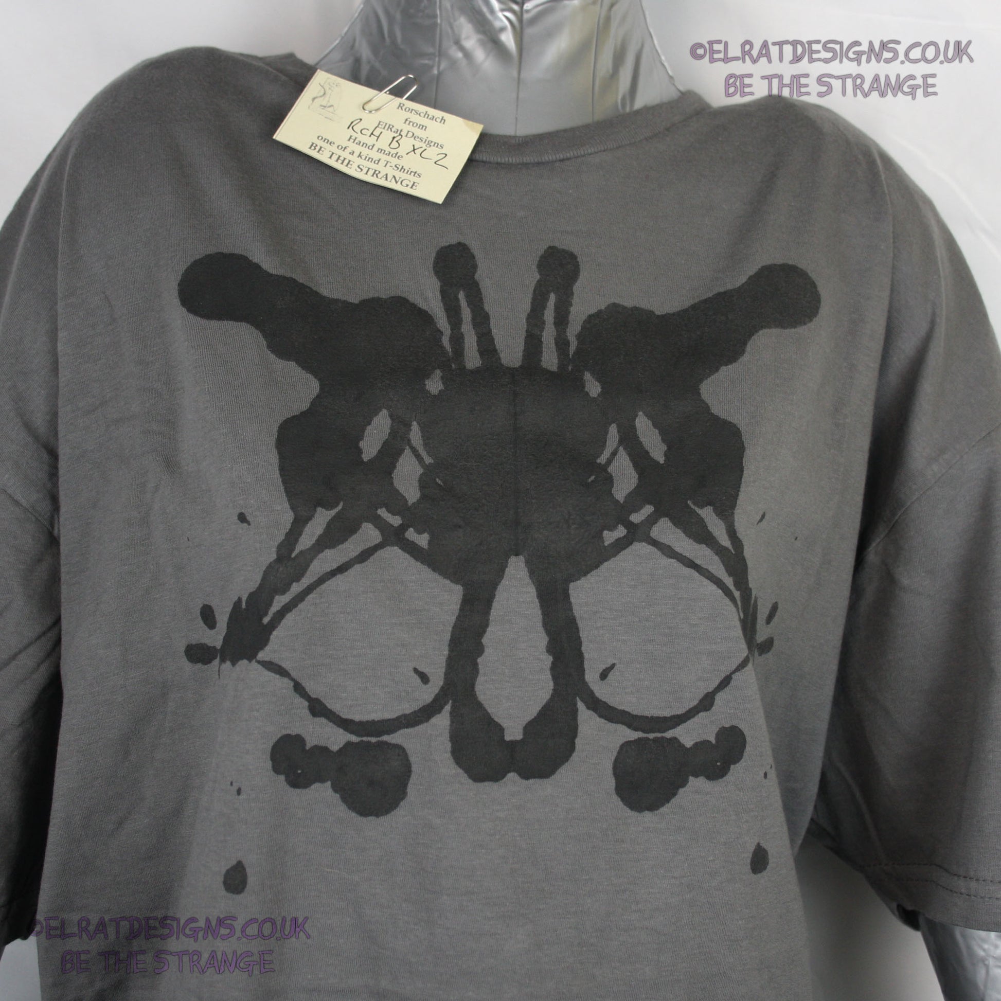 Rorschach, Charcoal cotton T-Shirt with Black ink blot - Extra Large #2 (RCH B XL2) - ElRat Designs - elratdesigns.co.uk
