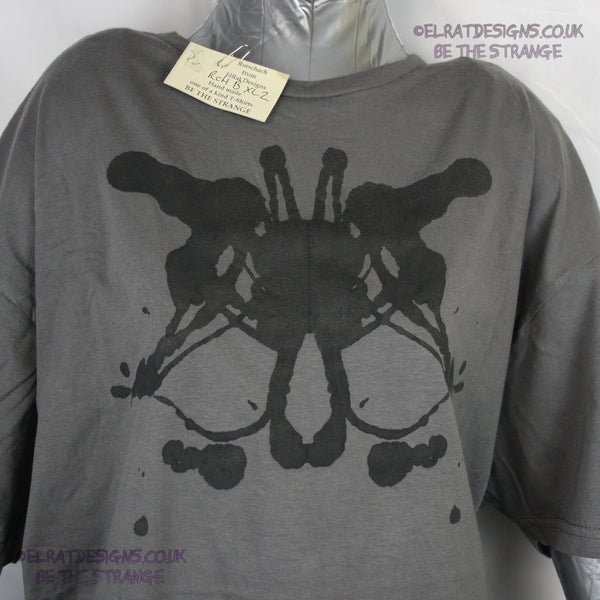 Rorschach, Charcoal cotton T-Shirt with Black ink blot - Extra Large #2 (RCH B XL2) - ElRat Designs - elratdesigns.co.uk