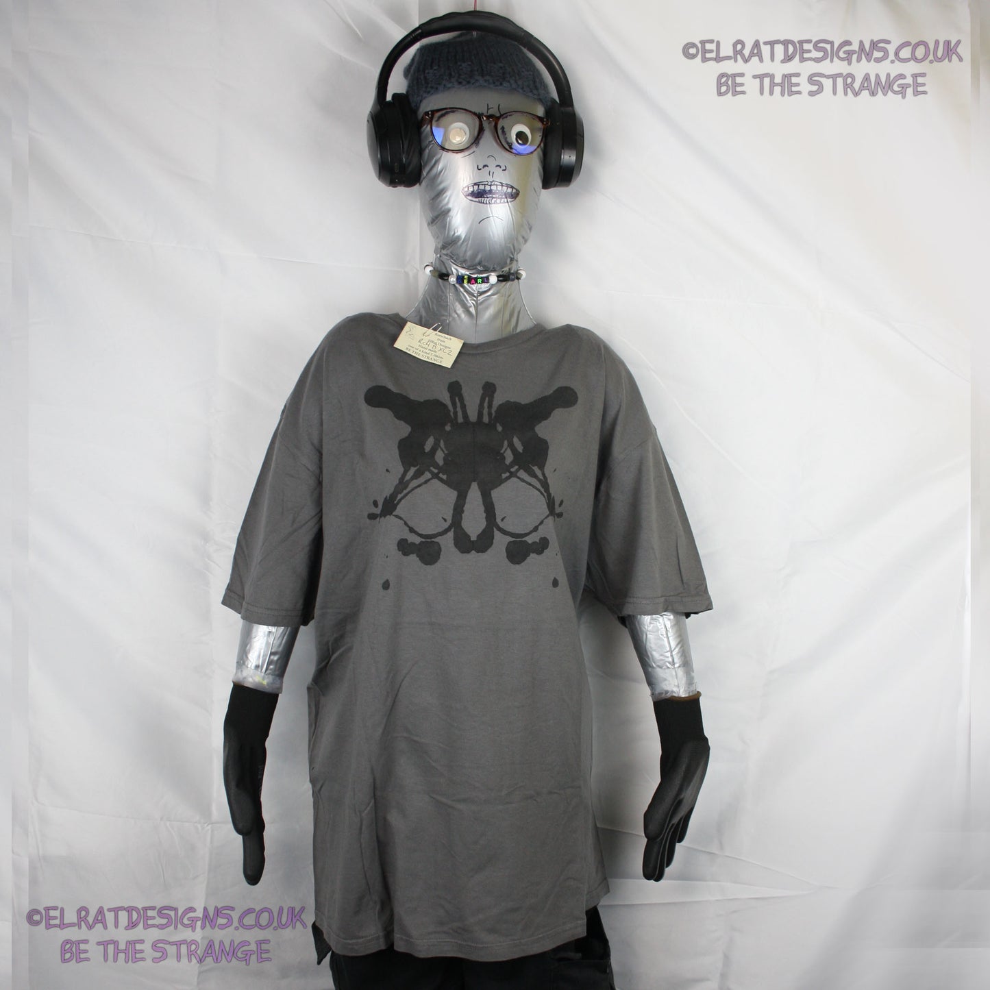 Rorschach, Charcoal cotton T-Shirt with Black ink blot - Extra Large #2 (RCH B XL2) - ElRat Designs - elratdesigns.co.uk