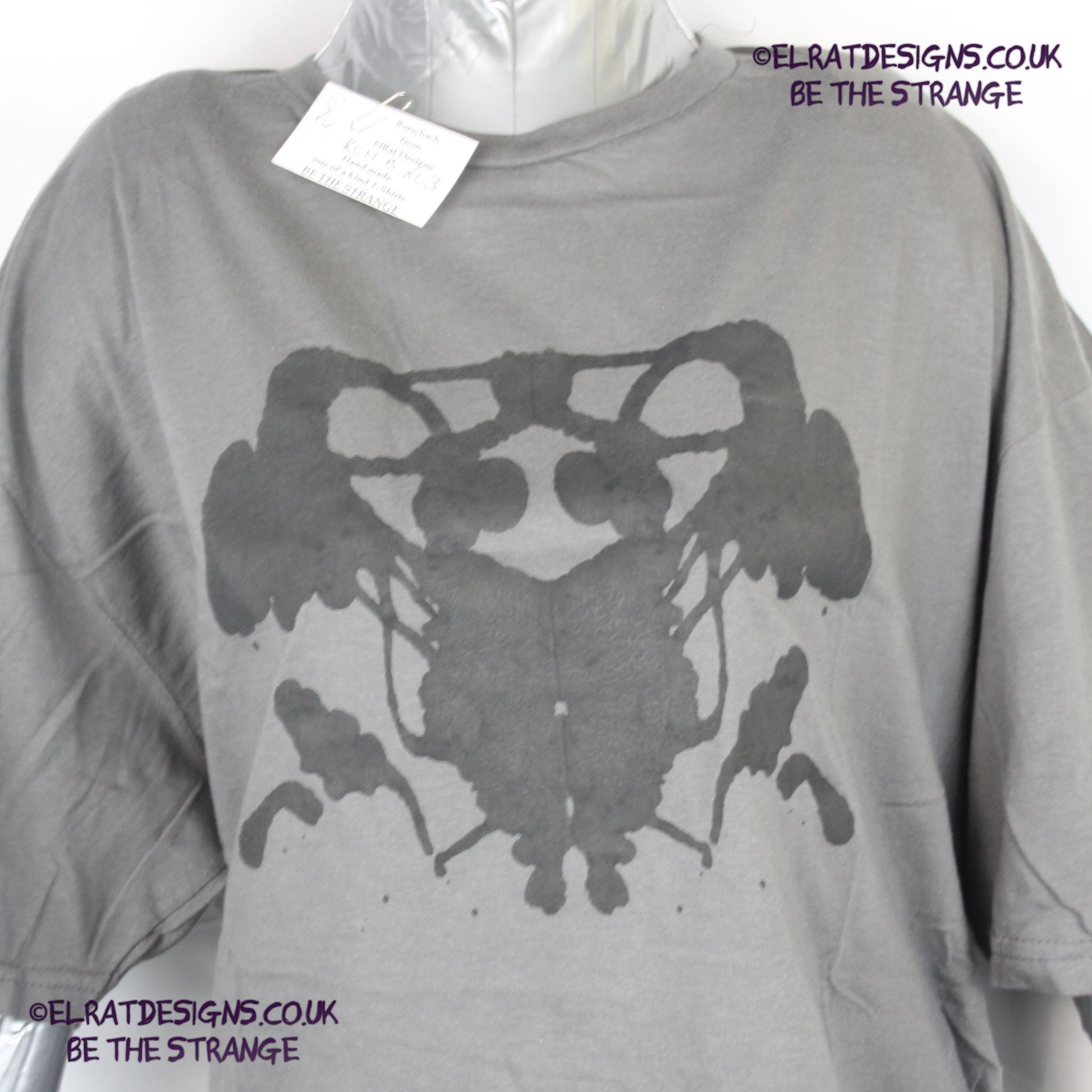 Rorschach, Charcoal cotton T-Shirt with Black ink blot - Extra Large #3 (RCH B XL3) - ElRat Designs - elratdesigns.co.uk