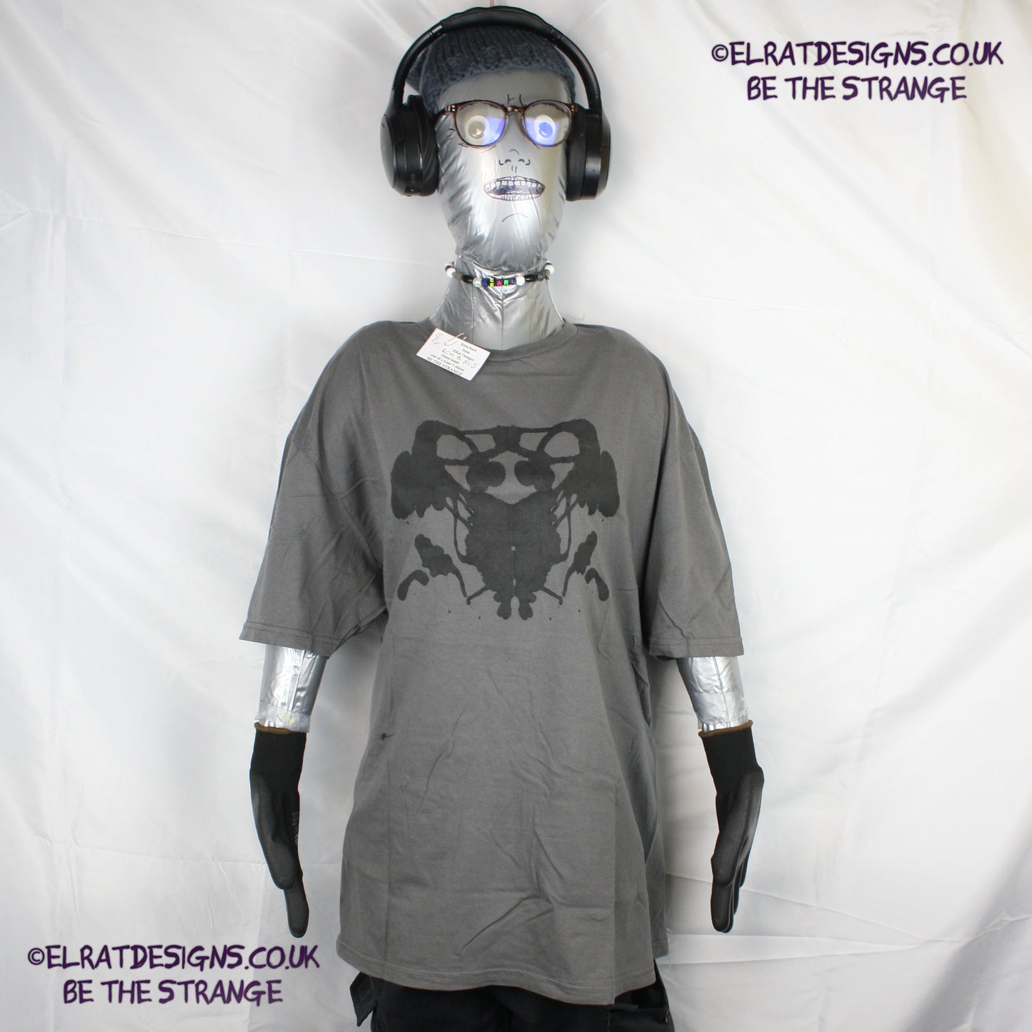 Rorschach, Charcoal cotton T-Shirt with Black ink blot - Extra Large #3 (RCH B XL3) - ElRat Designs - elratdesigns.co.uk