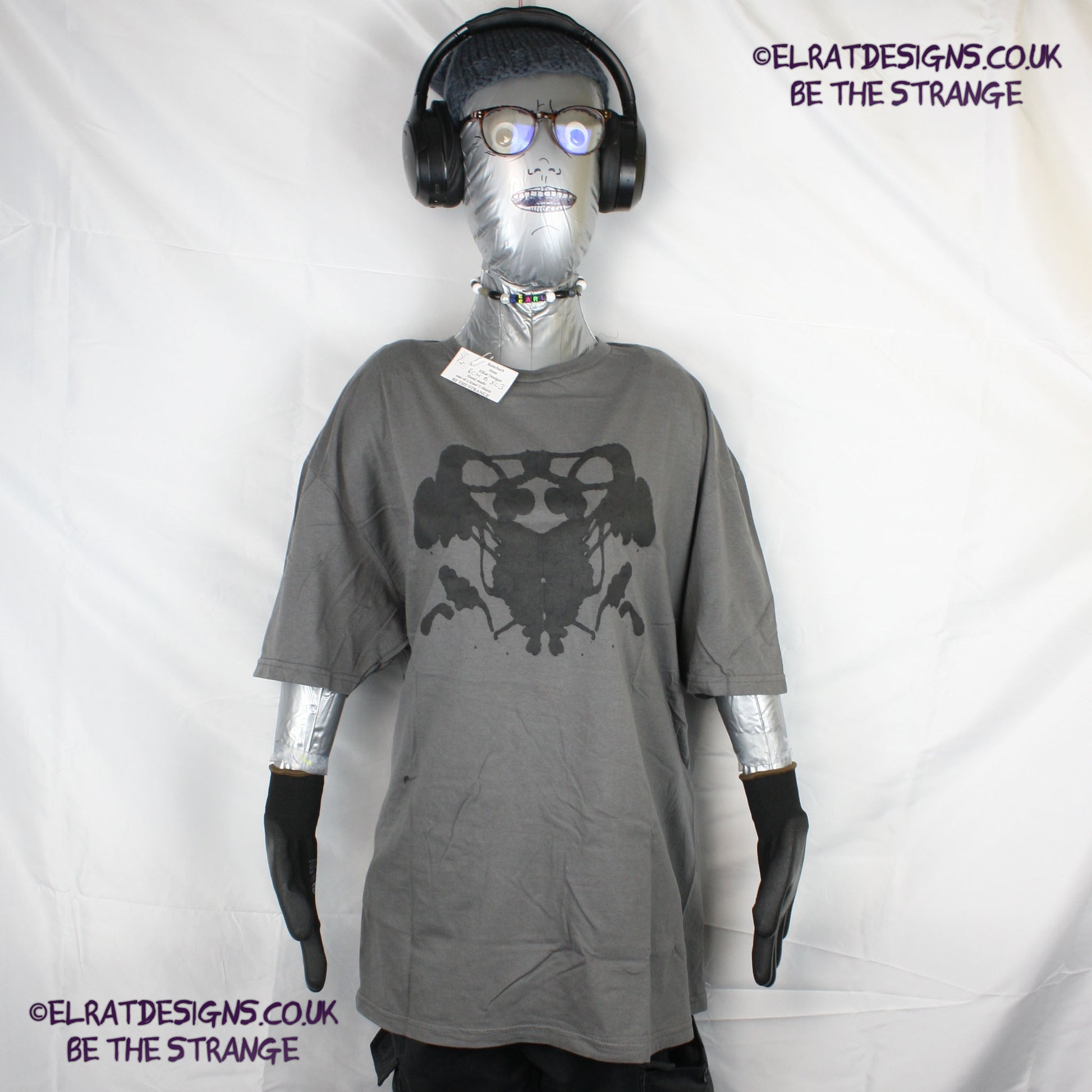 Rorschach, Charcoal cotton T-Shirt with Black ink blot - Extra Large #3 (RCH B XL3) - ElRat Designs - elratdesigns.co.uk