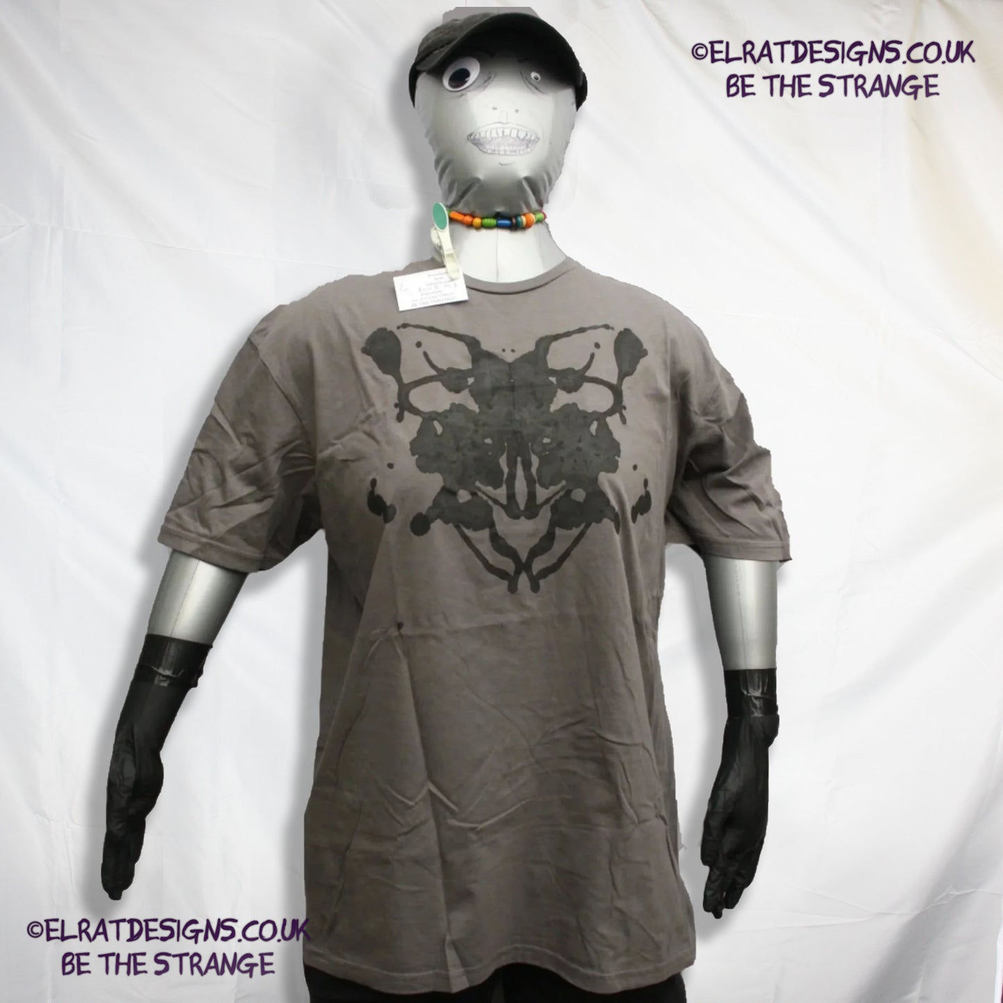 Rorschach, Charcoal cotton T-Shirt with Black ink blot - X Large #4 (RCh B XL4) - ElRat Designs - elratdesigns.co.uk