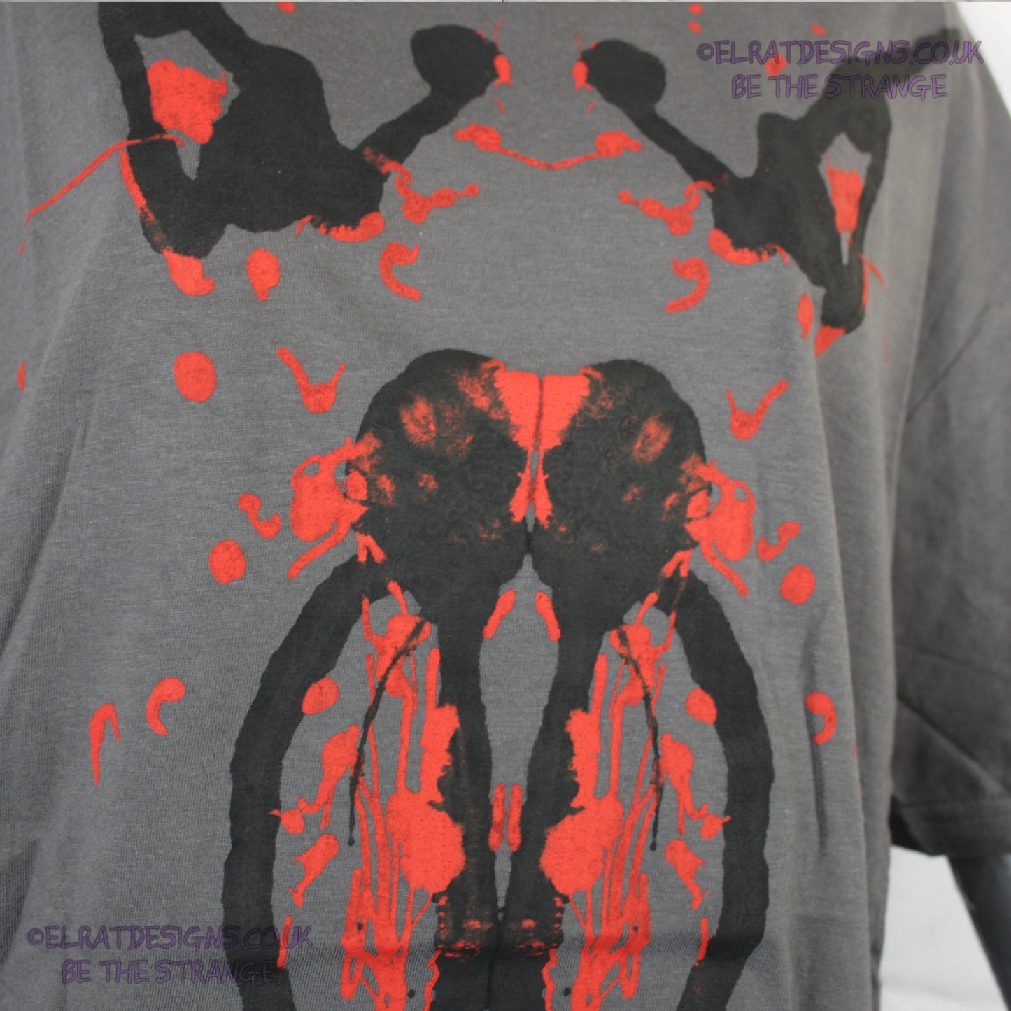 Rorschach, Charcoal cotton T-Shirt with Black & Red ink blot - Large #1 (RCH BR L1) - ElRat Designs - elratdesigns.co.uk