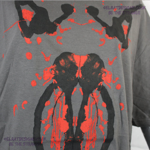 Rorschach, Charcoal cotton T-Shirt with Black & Red ink blot - Large #1 (RCH BR L1) - ElRat Designs - elratdesigns.co.uk
