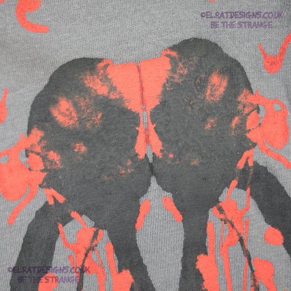 Rorschach, Charcoal cotton T-Shirt with Black & Red ink blot - Large #1 (RCH BR L1) - ElRat Designs - elratdesigns.co.uk