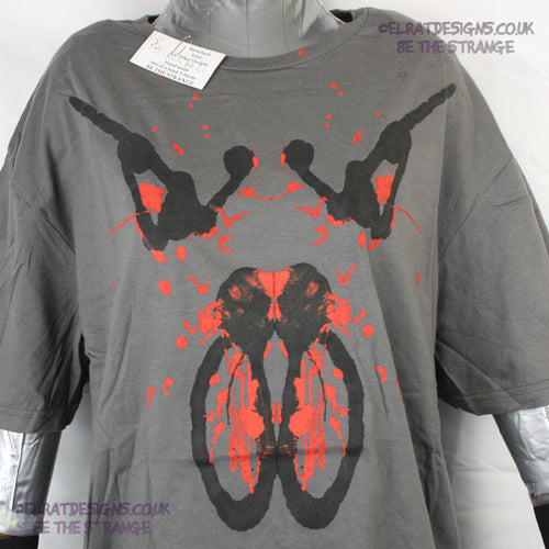 Rorschach, Charcoal cotton T-Shirt with Black & Red ink blot - Large #1 (RCH BR L1) - ElRat Designs - elratdesigns.co.uk