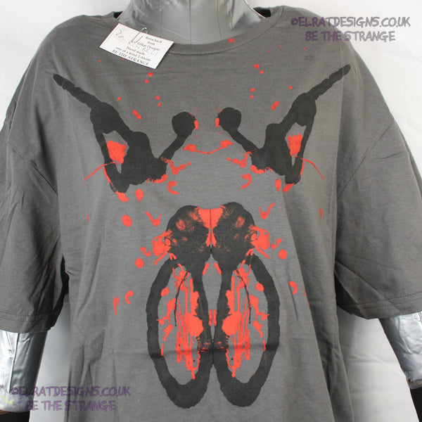 Rorschach, Charcoal cotton T-Shirt with Black & Red ink blot - Large #1 (RCH BR L1) - ElRat Designs - elratdesigns.co.uk