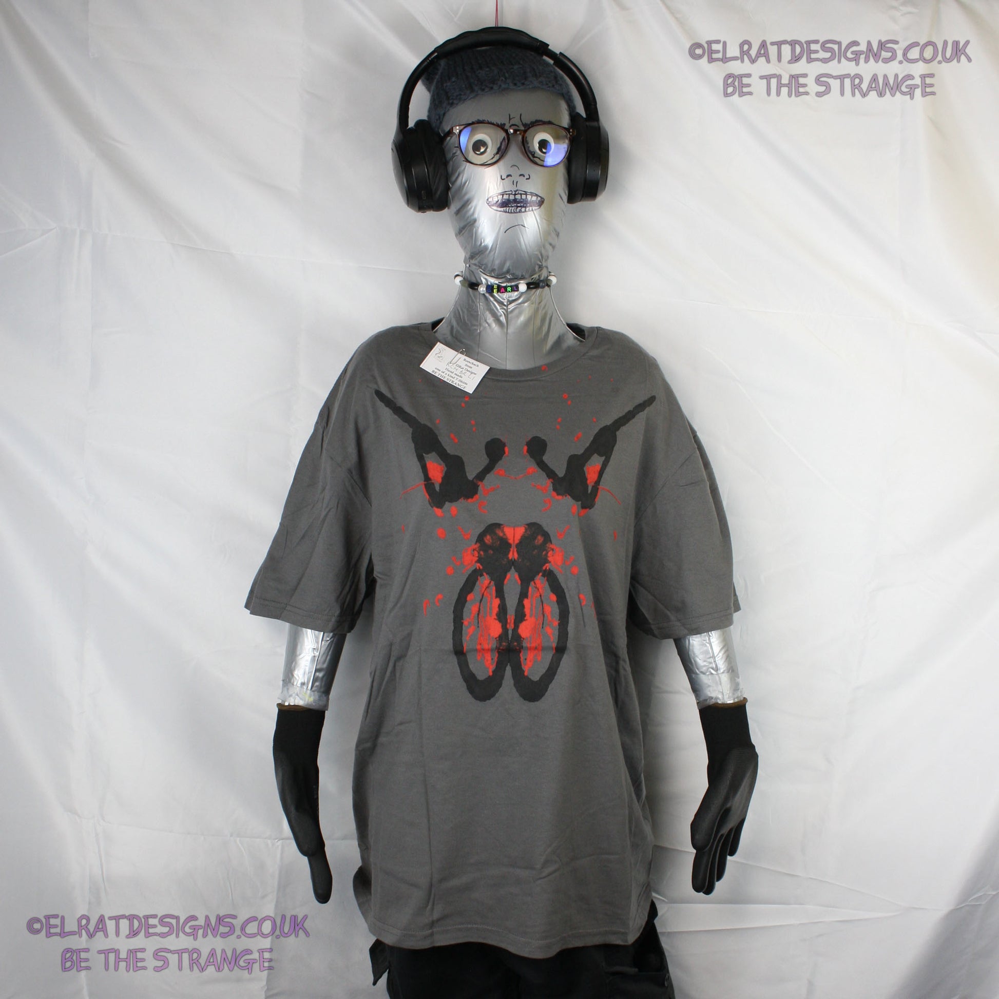 Rorschach, Charcoal cotton T-Shirt with Black & Red ink blot - Large #1 (RCH BR L1) - ElRat Designs - elratdesigns.co.uk