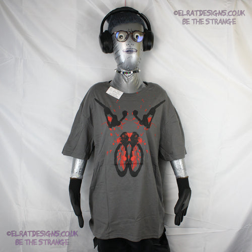 Rorschach, Charcoal cotton T-Shirt with Black & Red ink blot - Large #1 (RCH BR L1) - ElRat Designs - elratdesigns.co.uk