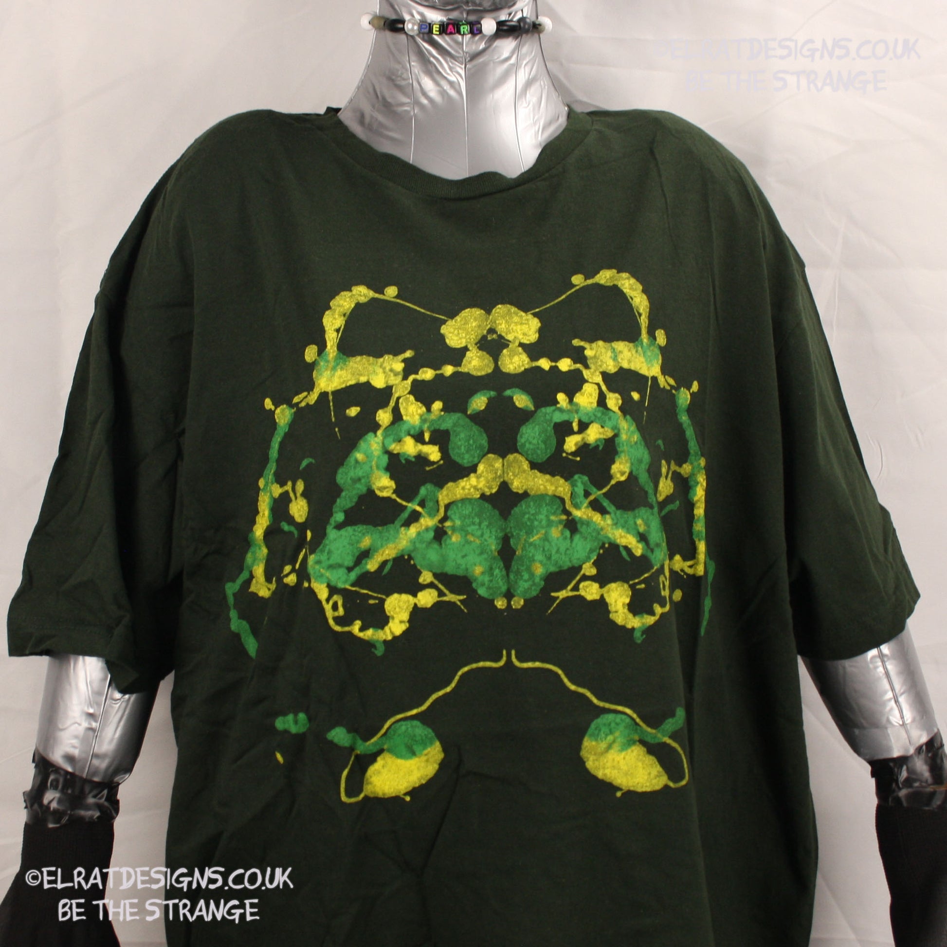 Rorschach, Forest Green cotton T-Shirt with Yellow and Green ink blot - XLarge #1 (RFG YG XL1) - ElRat Designs - elratdesigns.co.uk