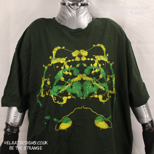 Rorschach, Forest Green cotton T-Shirt with Yellow and Green ink blot - XLarge #1 (RFG YG XL1) - ElRat Designs - elratdesigns.co.uk
