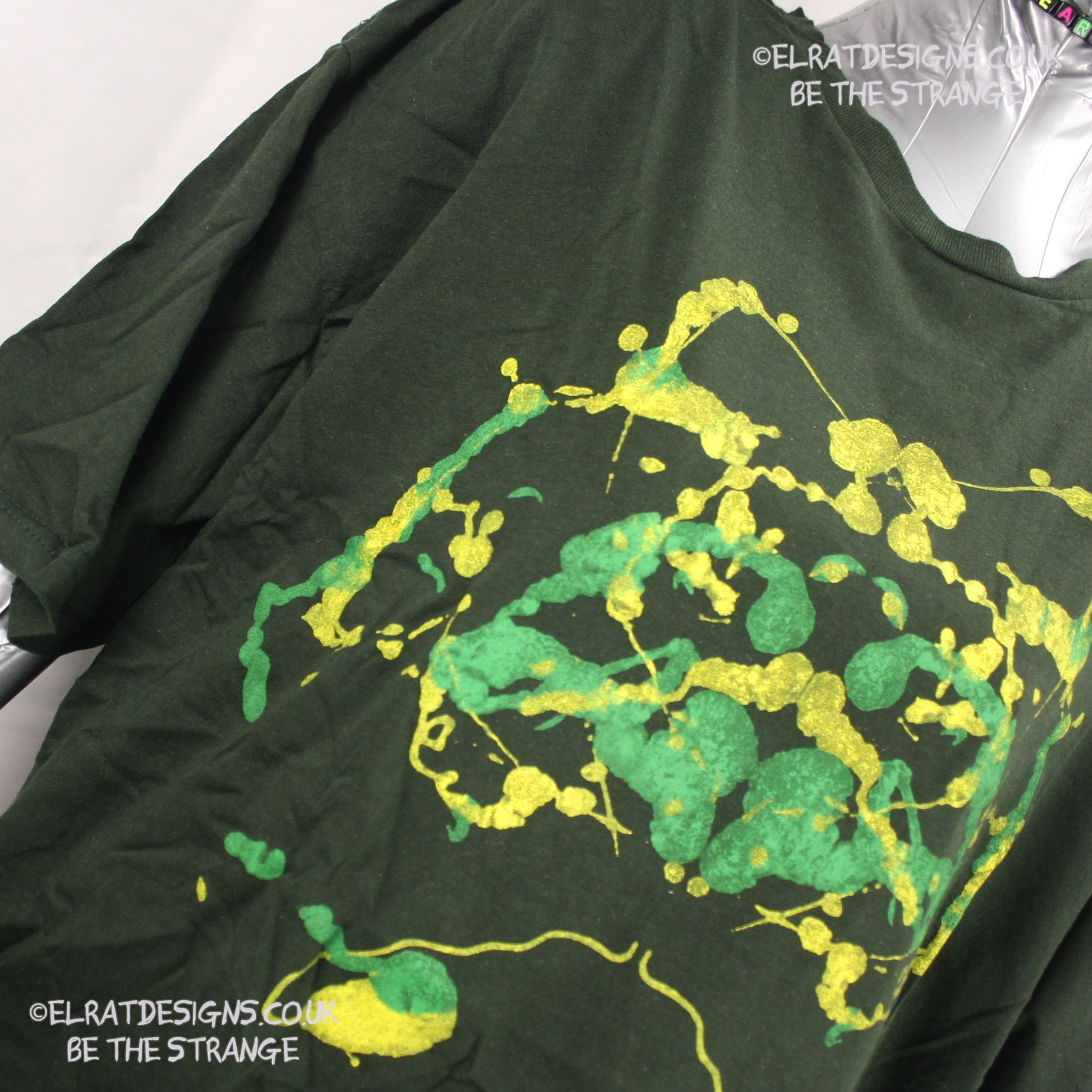 Rorschach, Forest Green cotton T-Shirt with Yellow and Green ink blot - XLarge #1 (RFG YG XL1) - ElRat Designs - elratdesigns.co.uk