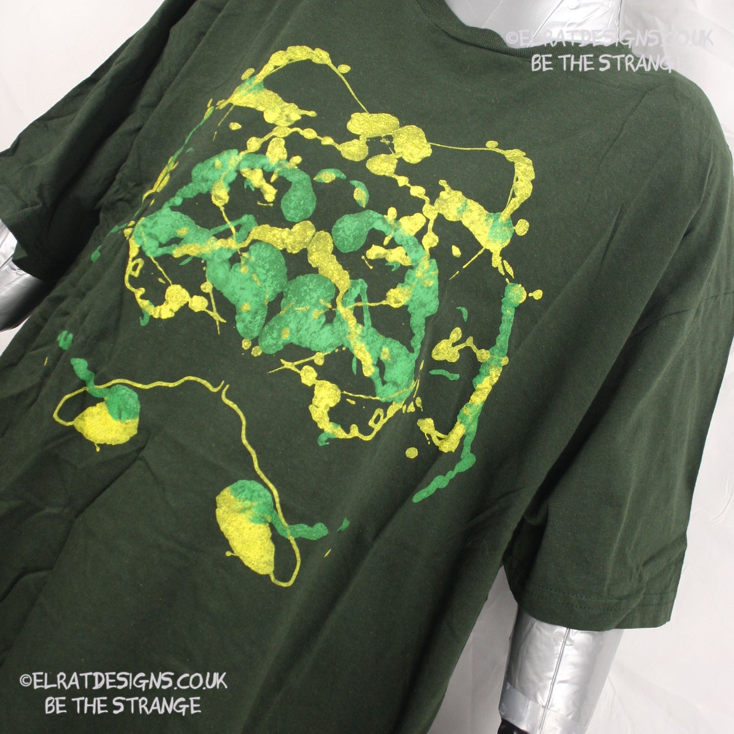 Rorschach, Forest Green cotton T-Shirt with Yellow and Green ink blot - XLarge #1 (RFG YG XL1) - ElRat Designs - elratdesigns.co.uk