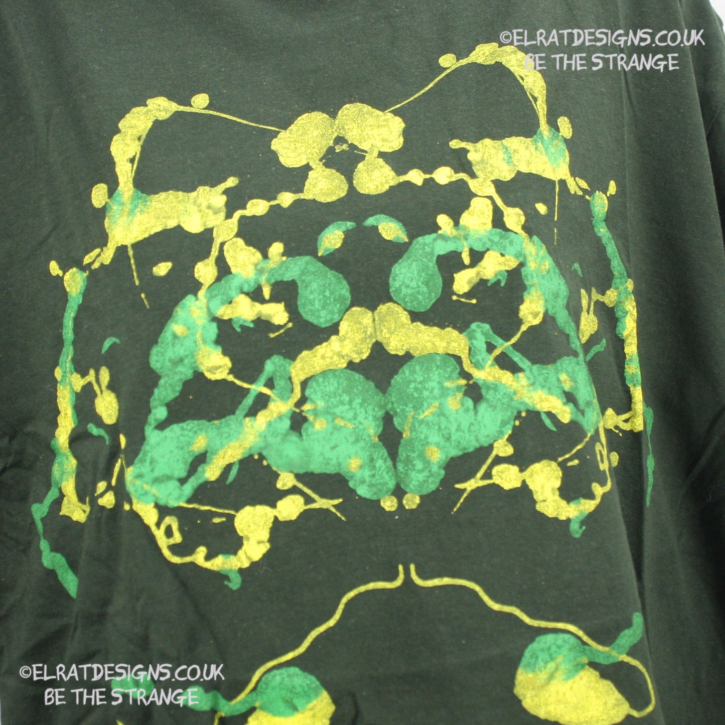 Rorschach, Forest Green cotton T-Shirt with Yellow and Green ink blot - XLarge #1 (RFG YG XL1) - ElRat Designs - elratdesigns.co.uk