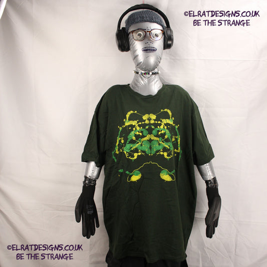 Rorschach, Forest Green cotton T-Shirt with Yellow and Green ink blot - XLarge #1 (RFG YG XL1) - ElRat Designs - elratdesigns.co.uk