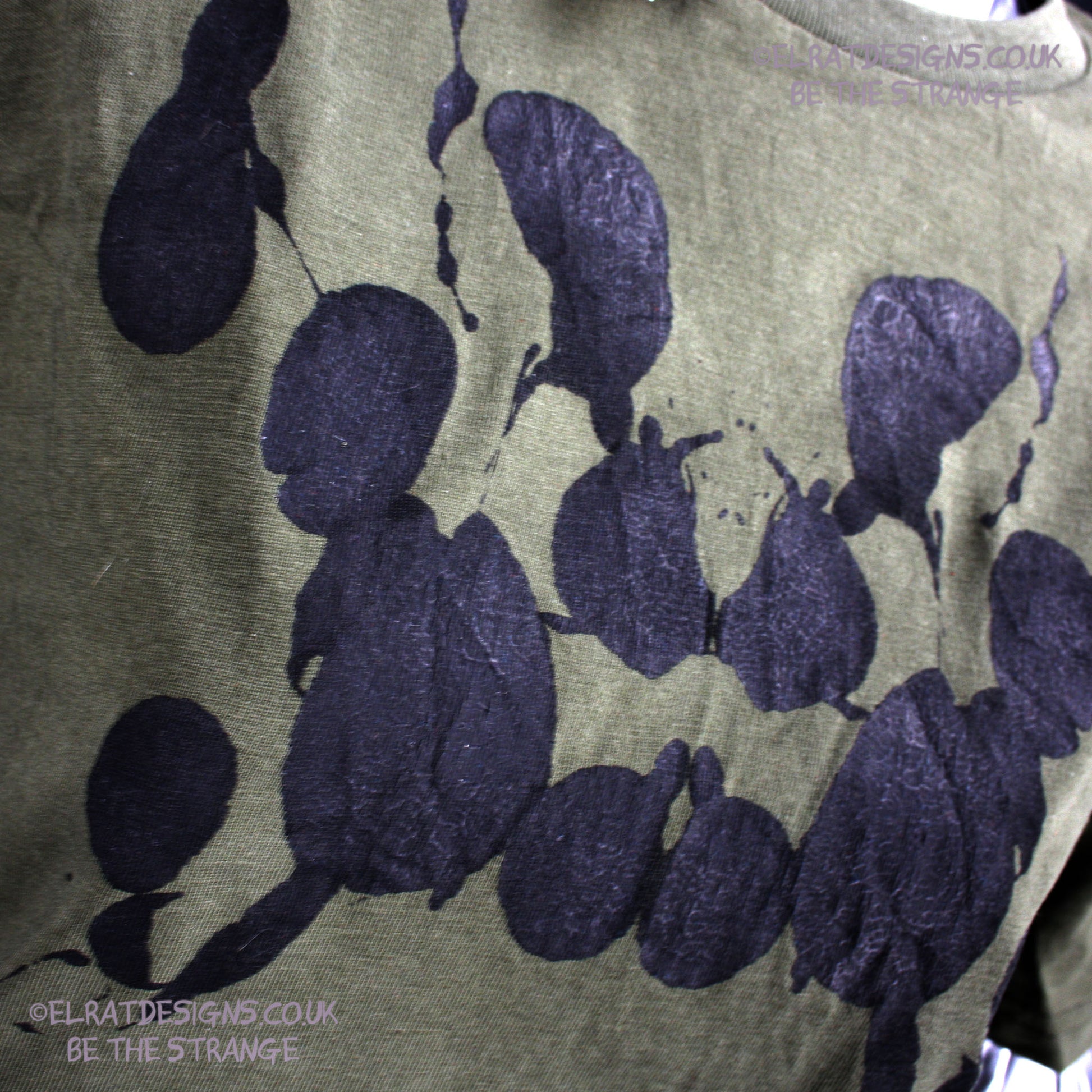 Rorschach, Khaki cotton T-Shirt with Black ink blot - X Small #1 (RKh B XS1) - ElRat Designs - elratdesigns.co.uk