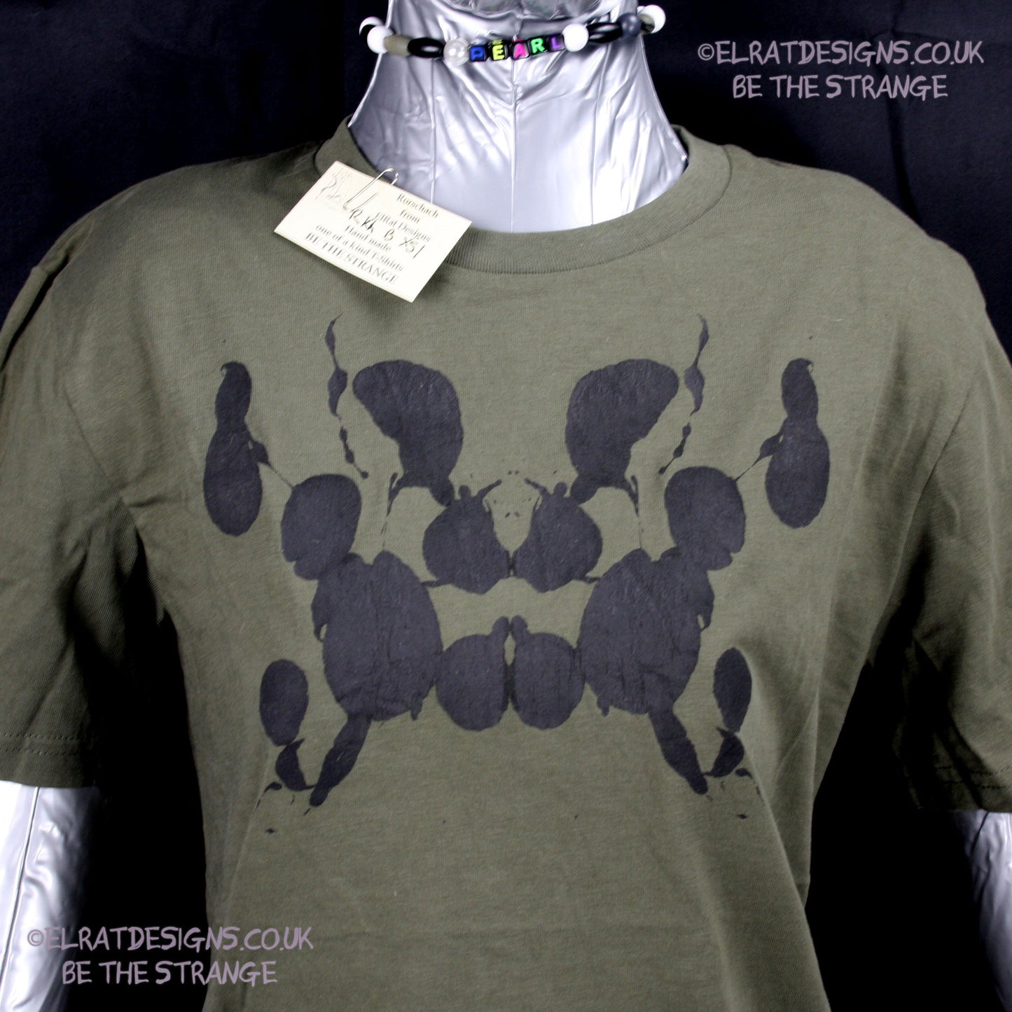 Rorschach, Khaki cotton T-Shirt with Black ink blot - X Small #1 (RKh B XS1) - ElRat Designs - elratdesigns.co.uk