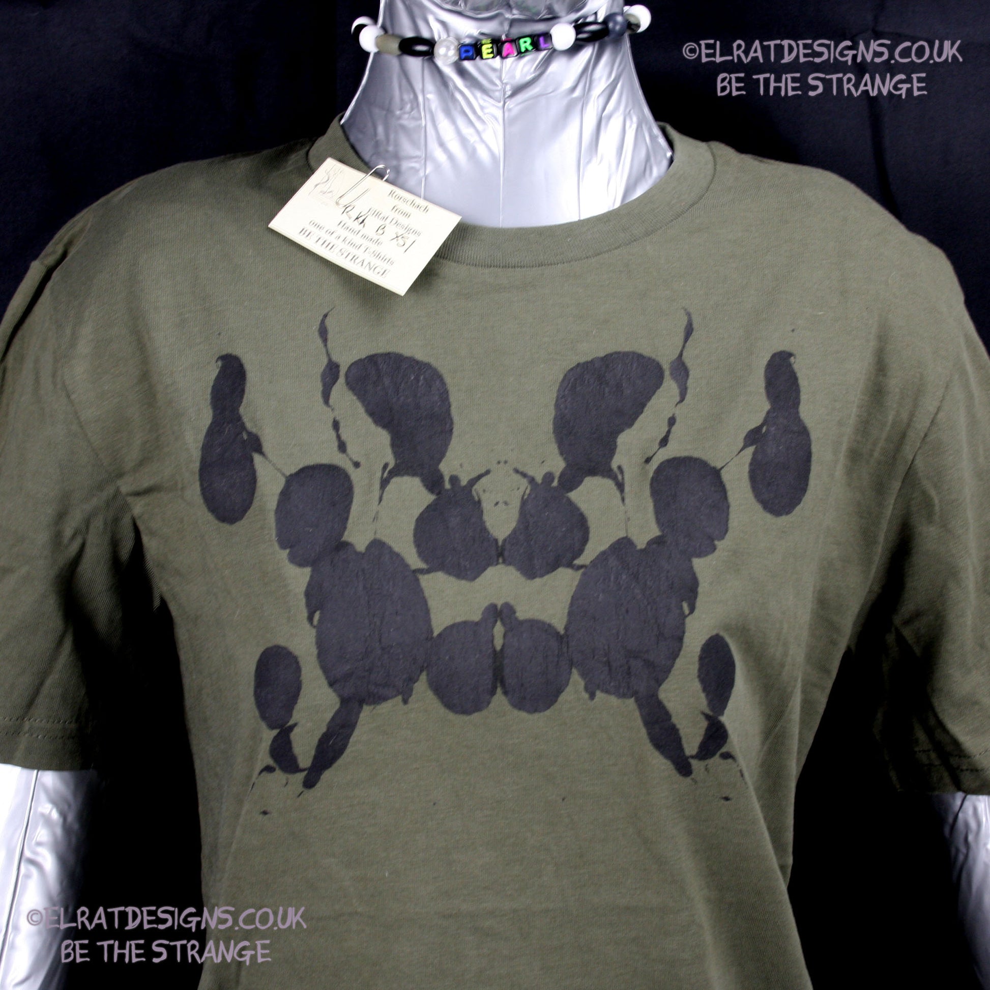 Rorschach, Khaki cotton T-Shirt with Black ink blot - X Small #1 (RKh B XS1) - ElRat Designs - elratdesigns.co.uk