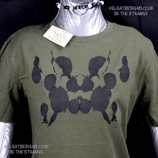Rorschach, Khaki cotton T-Shirt with Black ink blot - X Small #1 (RKh B XS1) - ElRat Designs - elratdesigns.co.uk