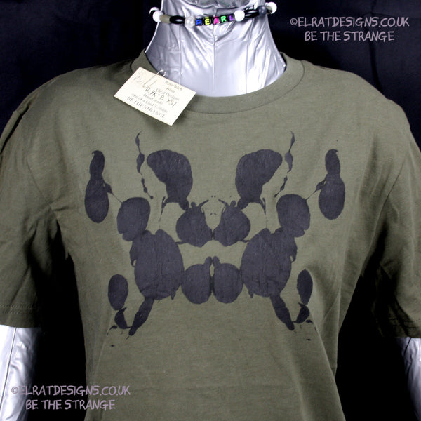Rorschach, Khaki cotton T-Shirt with Black ink blot - X Small #1 (RKh B XS1) - ElRat Designs - elratdesigns.co.uk