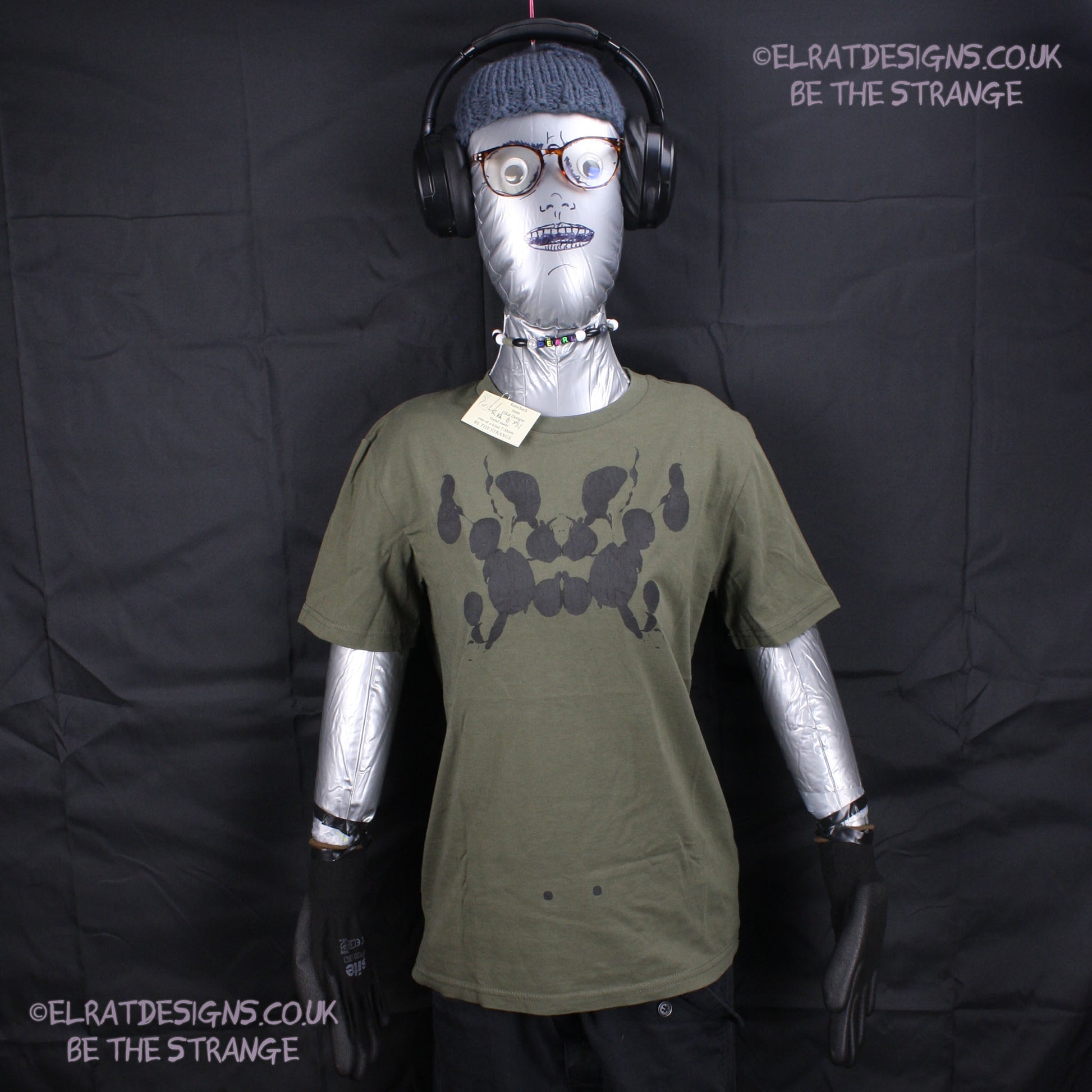 Rorschach, Khaki cotton T-Shirt with Black ink blot - X Small #1 (RKh B XS1) - ElRat Designs - elratdesigns.co.uk