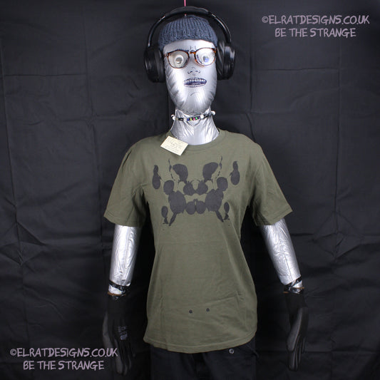 Rorschach, Khaki cotton T-Shirt with Black ink blot - X Small #1 (RKh B XS1) - ElRat Designs - elratdesigns.co.uk