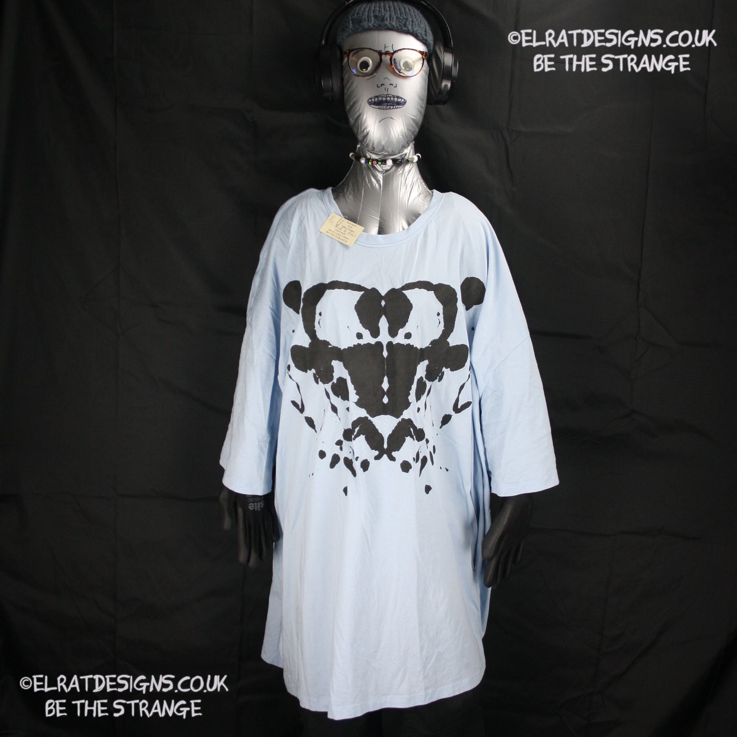 Rorschach, Light Blue cotton T-Shirt with Black ink blot - 6XL #1 (RLB B 6XL1) - ElRat Designs - elratdesigns.co.uk
