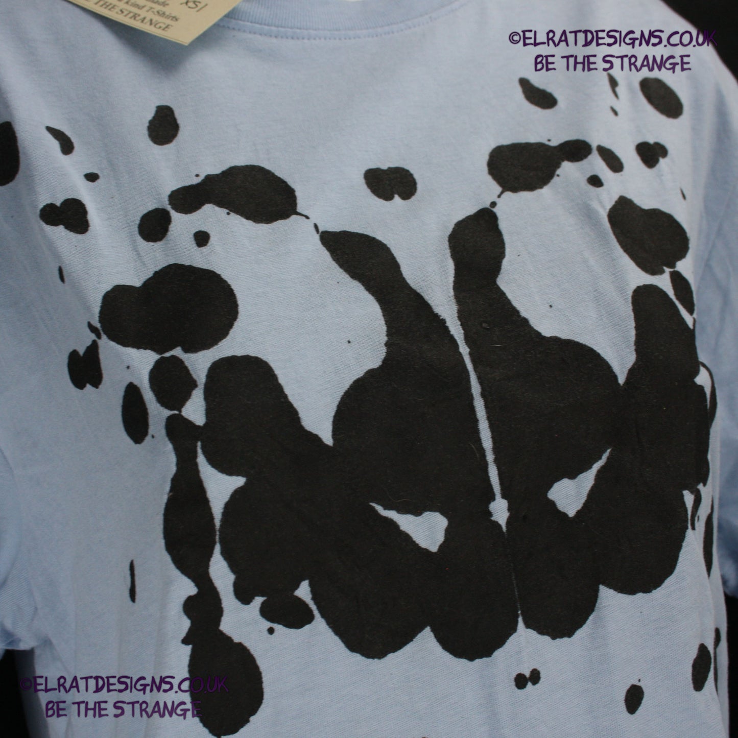 Rorschach, Light Blue cotton T-Shirt with Black ink blot - XS #1 (RLB B XS1) - ElRat Designs -  elratdesigns.co.uk