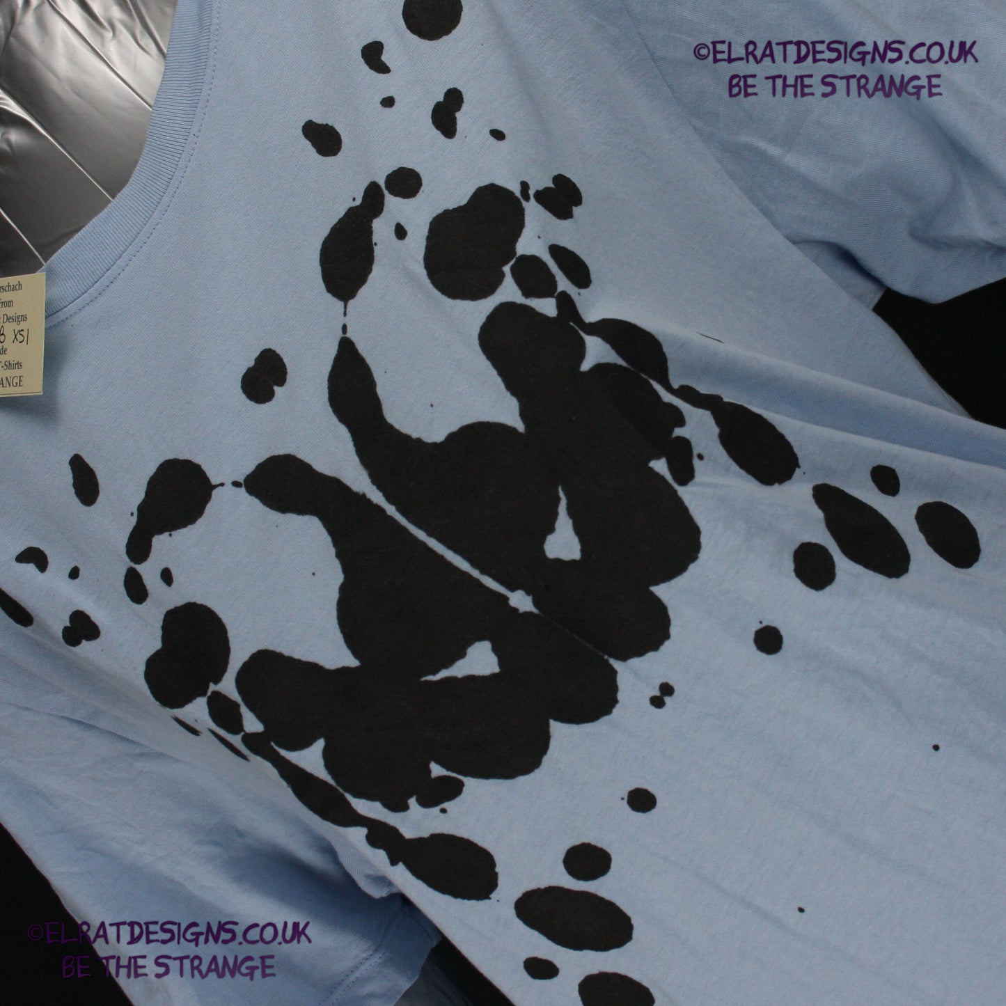 Rorschach, Light Blue cotton T-Shirt with Black ink blot - XS #1 (RLB B XS1) - ElRat Designs - elratdesigns.co.uk