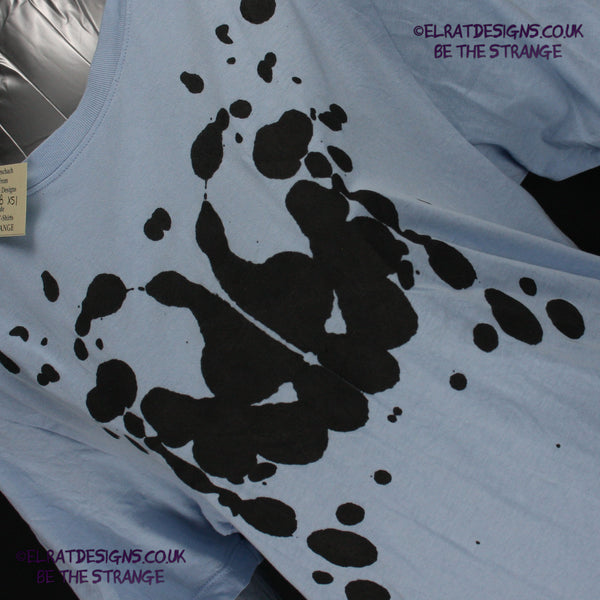 Rorschach, Light Blue cotton T-Shirt with Black ink blot - XS #1 (RLB B XS1) - ElRat Designs - elratdesigns.co.uk