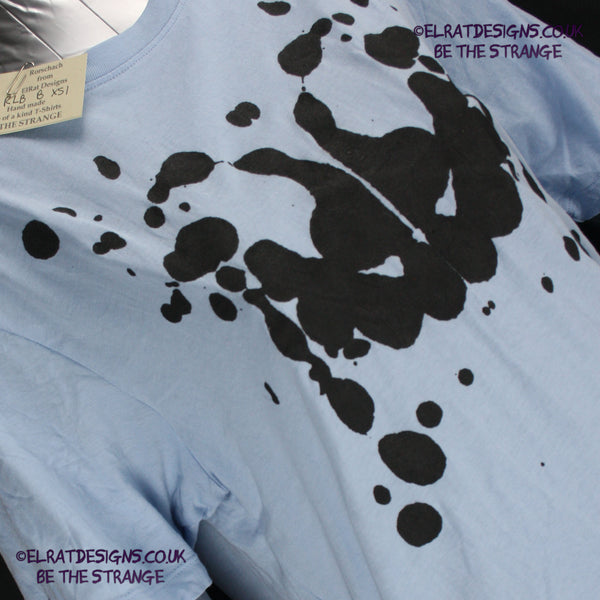 Rorschach, Light Blue cotton T-Shirt with Black ink blot - XS #1 (RLB B XS1) - ElRat Designs - elratdesigns.co.uk