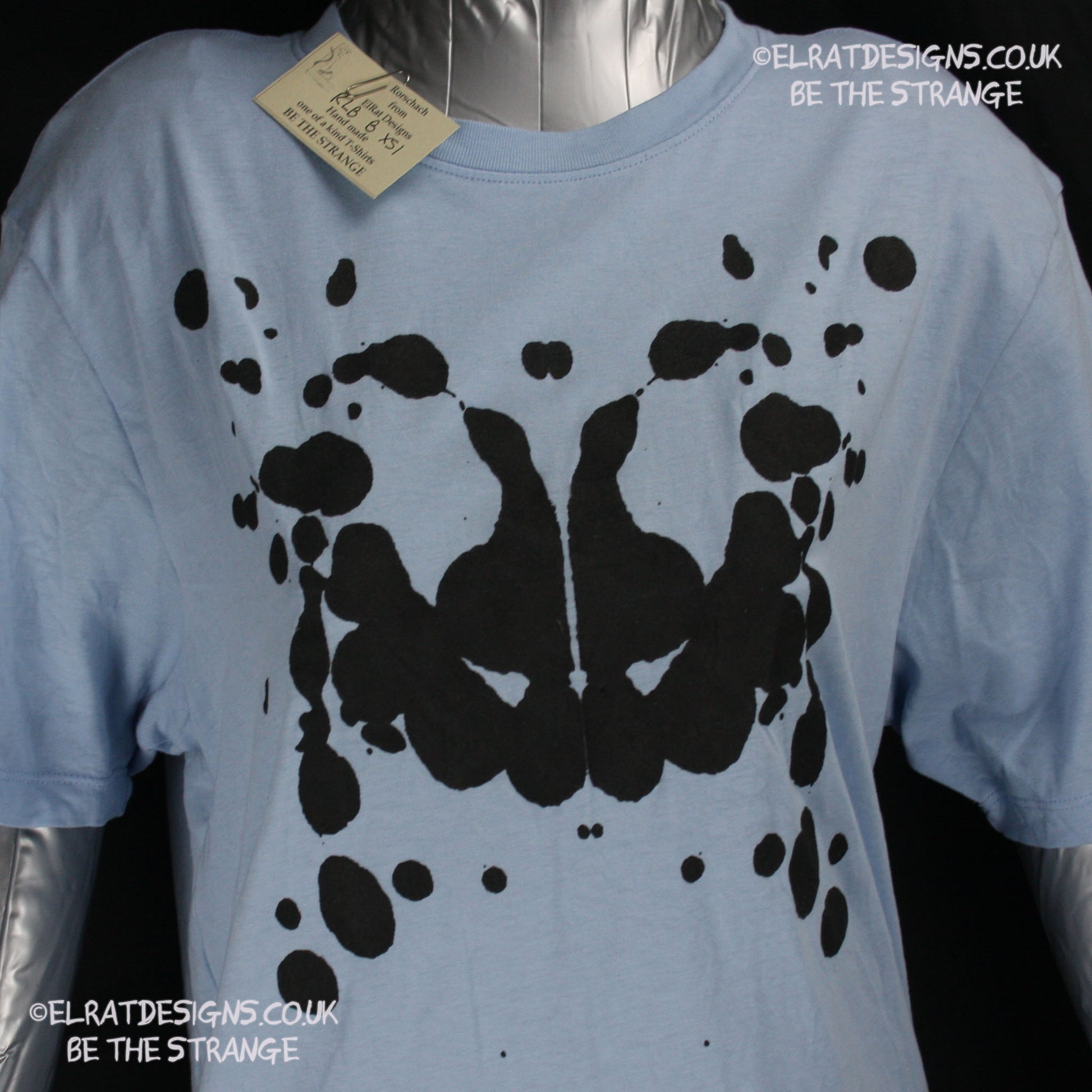 Rorschach, Light Blue cotton T-Shirt with Black ink blot - XS #1 (RLB B XS1) - ElRat Designs - elratdesigns.co.uk