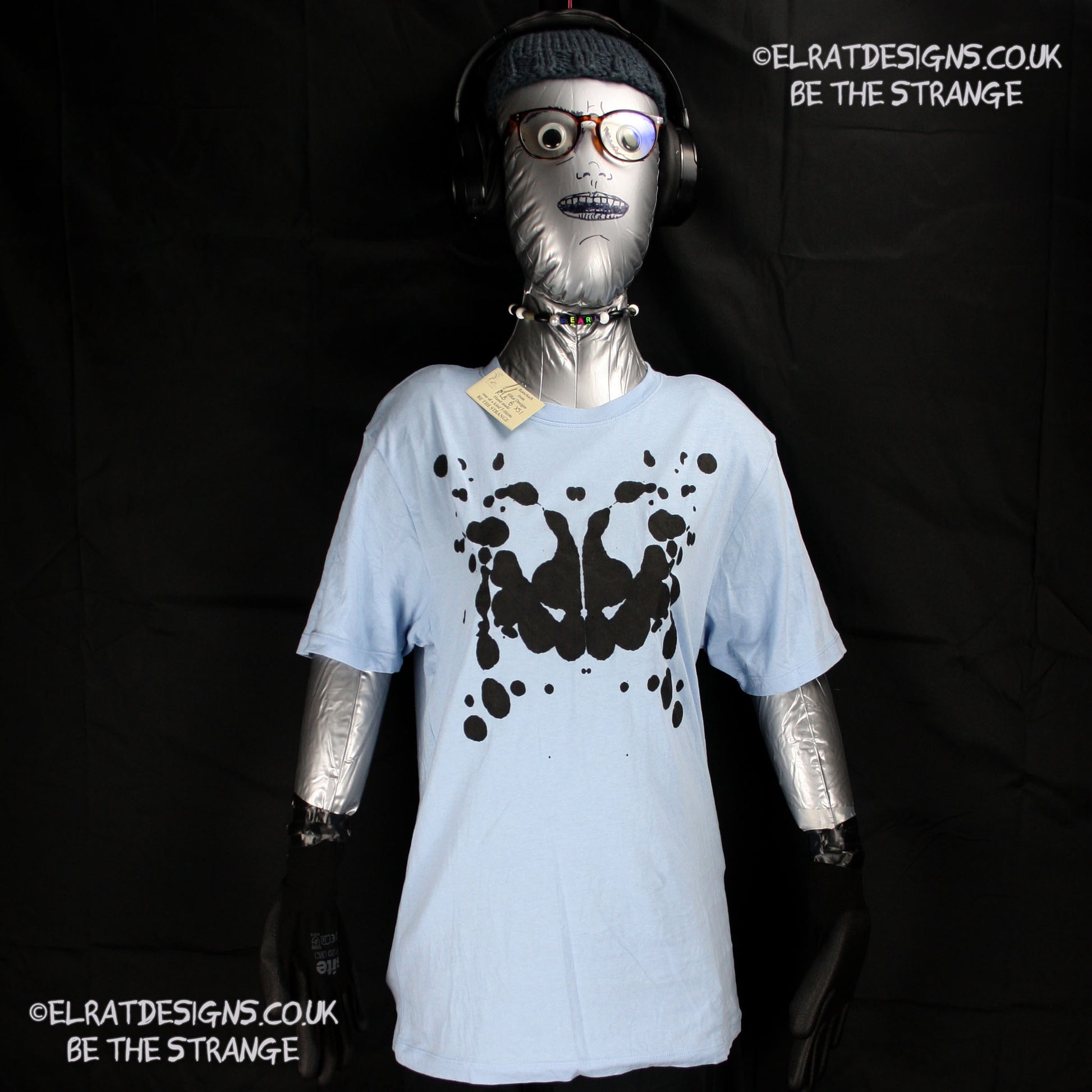 Rorschach, Light Blue cotton T-Shirt with Black ink blot - XS #1 (RLB B XS1) - ElRat Designs - elratdesigns.co.uk
