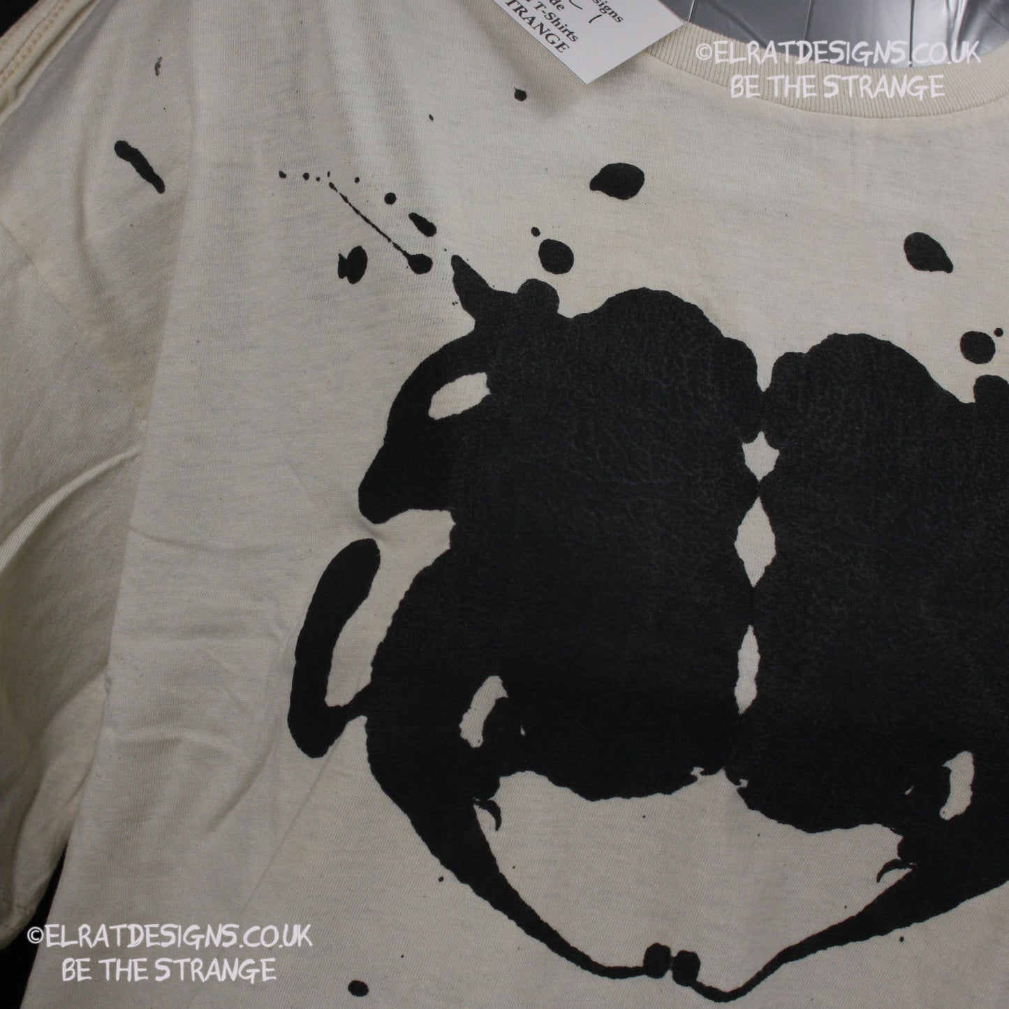 Rorschach, Natural cotton T-Shirt with Black ink blot - Large #1 (RN B L1) - ElRat Designs - elratdesigns.co.uk