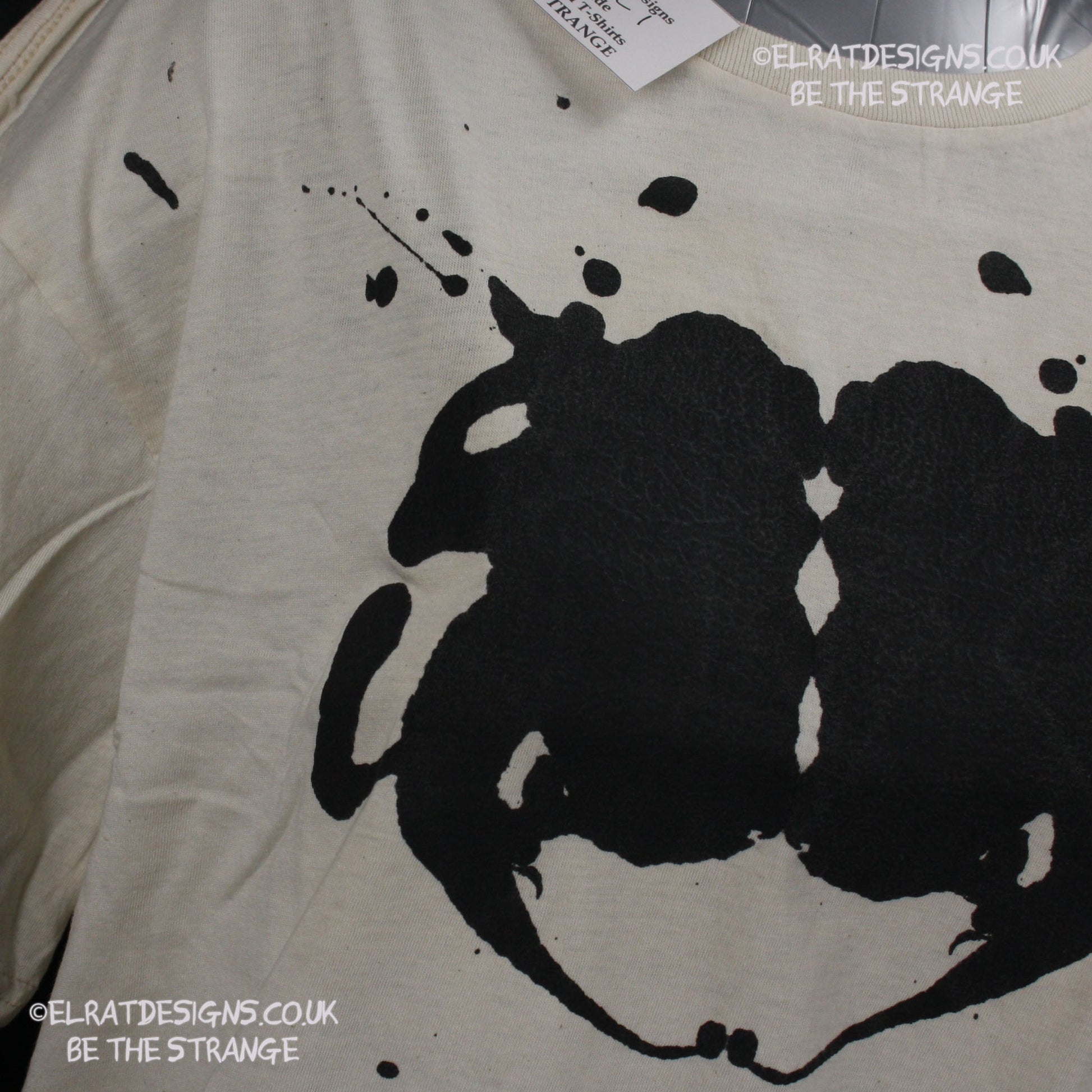 Rorschach, Natural cotton T-Shirt with Black ink blot - Large #1 (RN B L1) - ElRat Designs - elratdesigns.co.uk