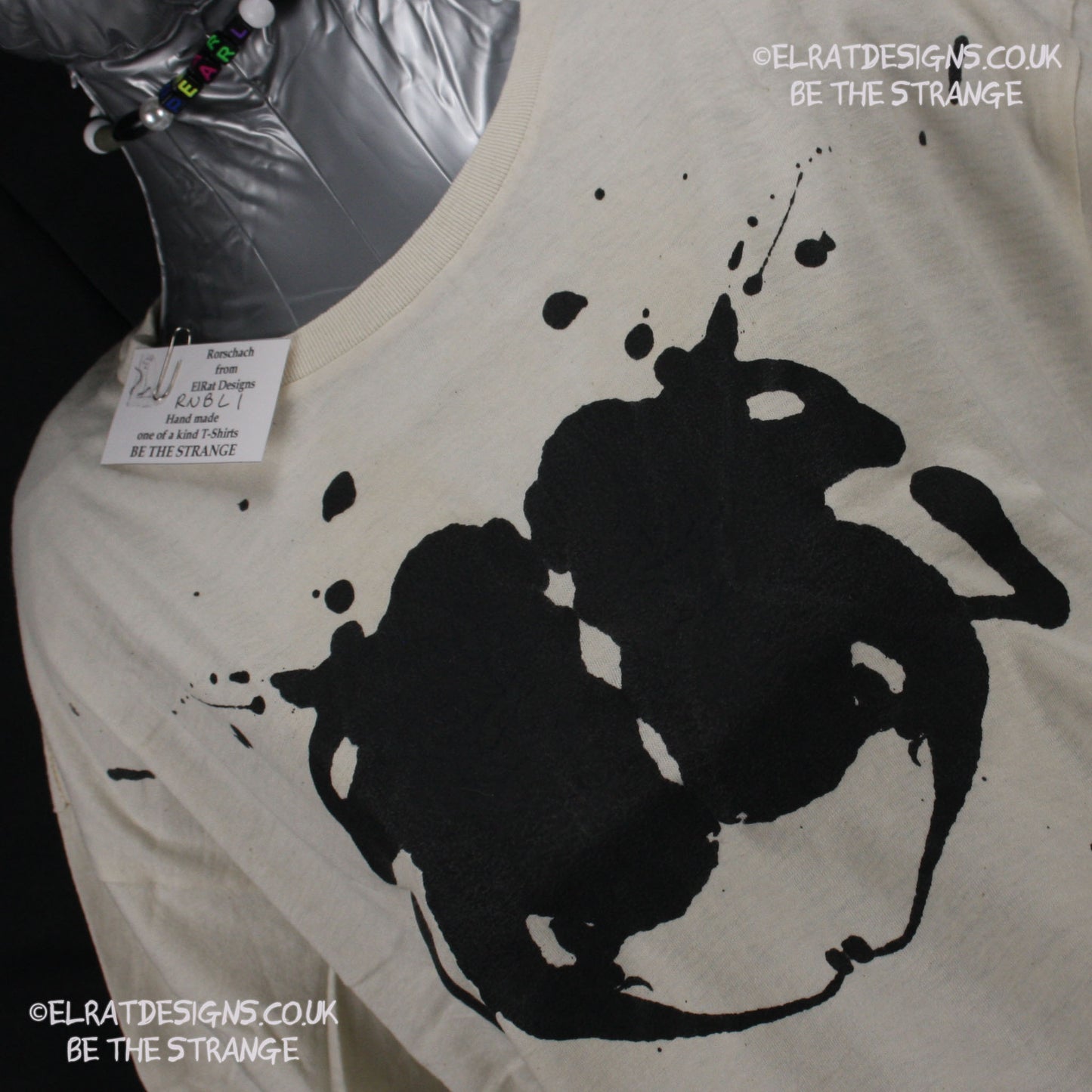 Rorschach, Natural cotton T-Shirt with Black ink blot - Large #1 (RN B L1) - ElRat Designs - elratdesigns.co.uk