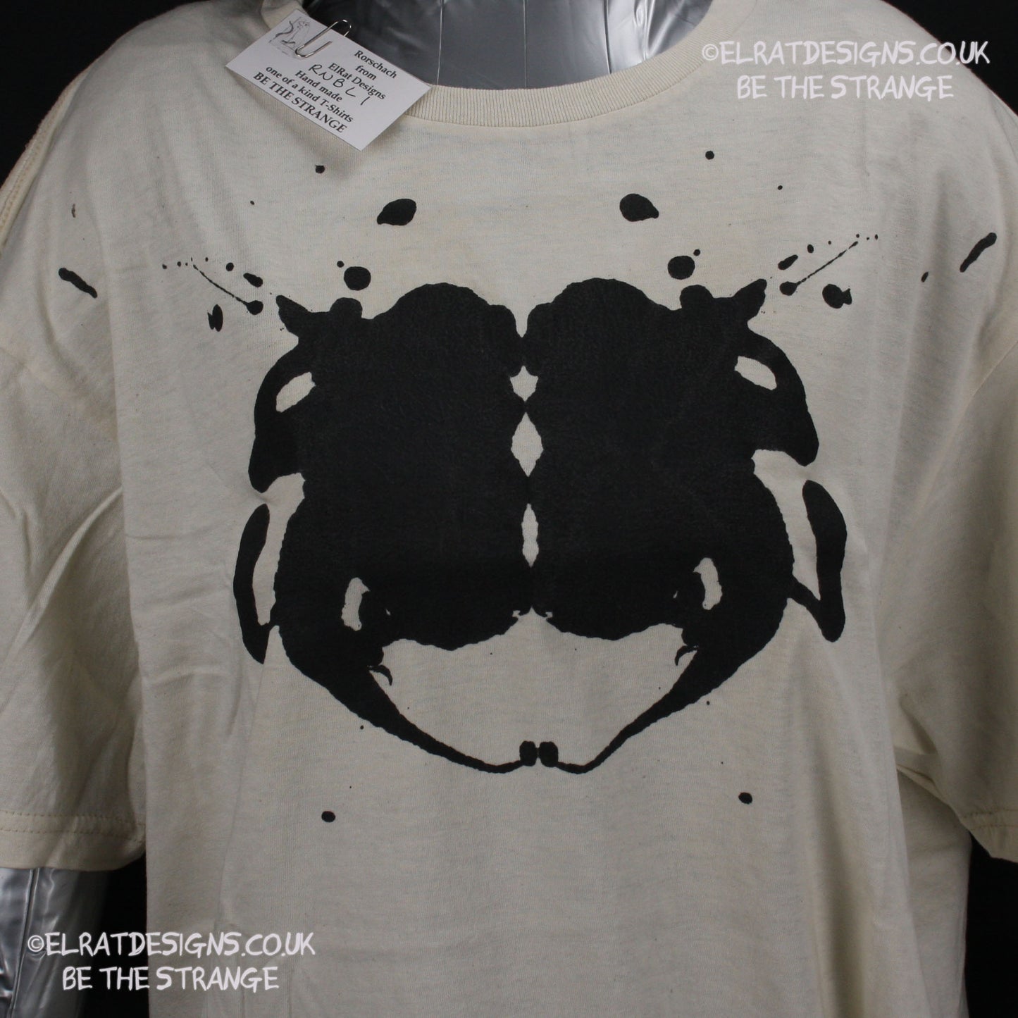Rorschach, Natural cotton T-Shirt with Black ink blot - Large #1 (RN B L1) - ElRat Designs - elratdesigns.co.uk