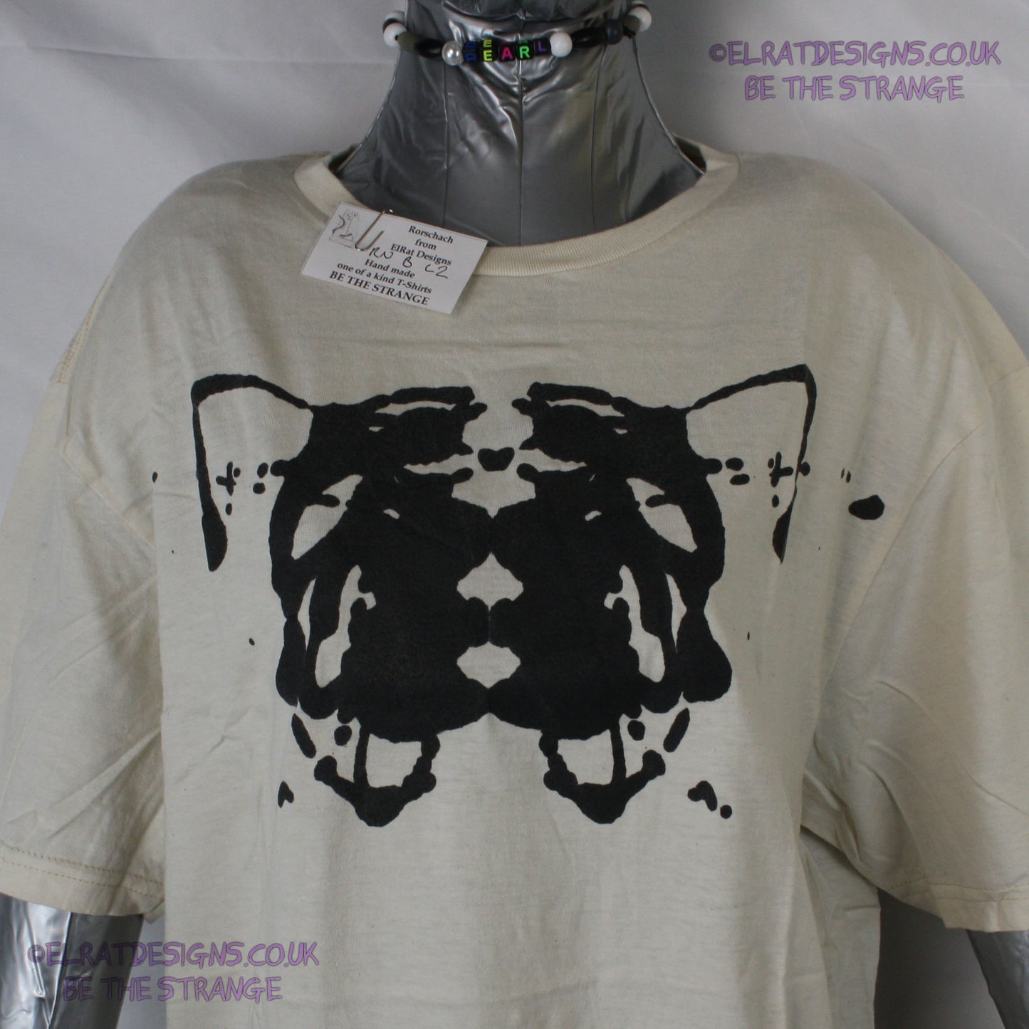 Rorschach, Natural cotton T-Shirt with Black ink blot - Large #21 (RN B L2) - ElRat Designs - elratdesigns.co.uk