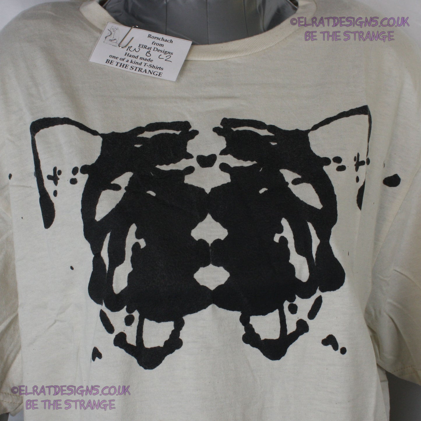 Rorschach, Natural cotton T-Shirt with Black ink blot - Large #21 (RN B L2) - ElRat Designs - elratdesigns.co.uk