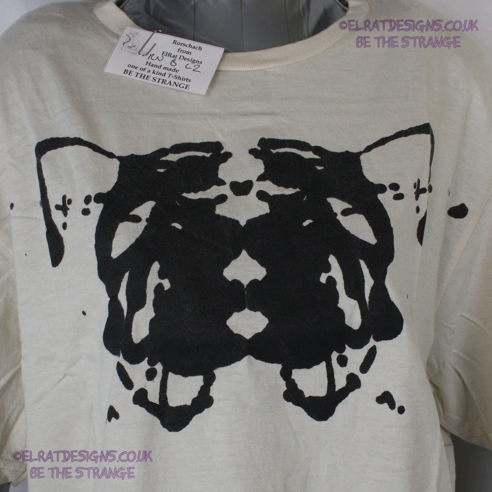 Rorschach, Natural cotton T-Shirt with Black ink blot - Large #21 (RN B L2) - ElRat Designs - elratdesigns.co.uk