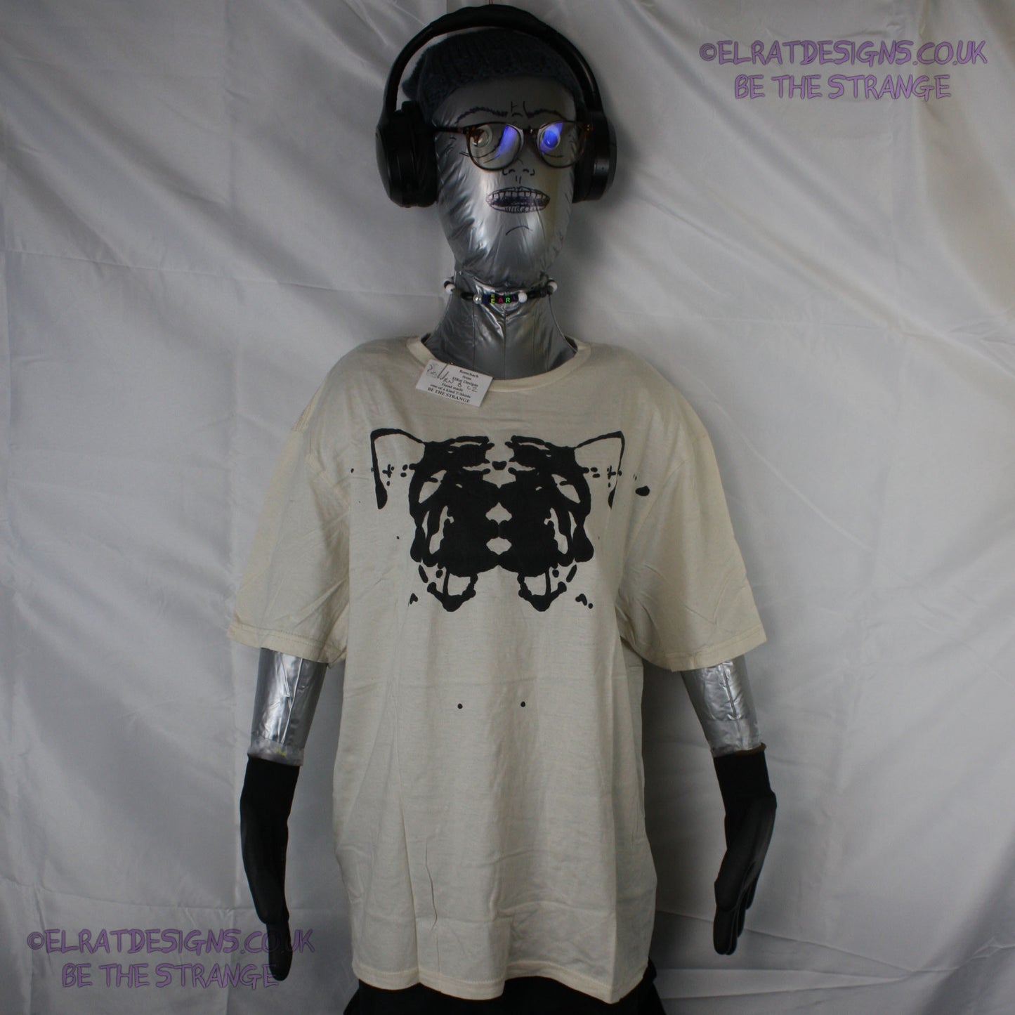 Rorschach, Natural cotton T-Shirt with Black ink blot - Large #21 (RN B L2) - ElRat Designs - elratdesigns.co.uk
