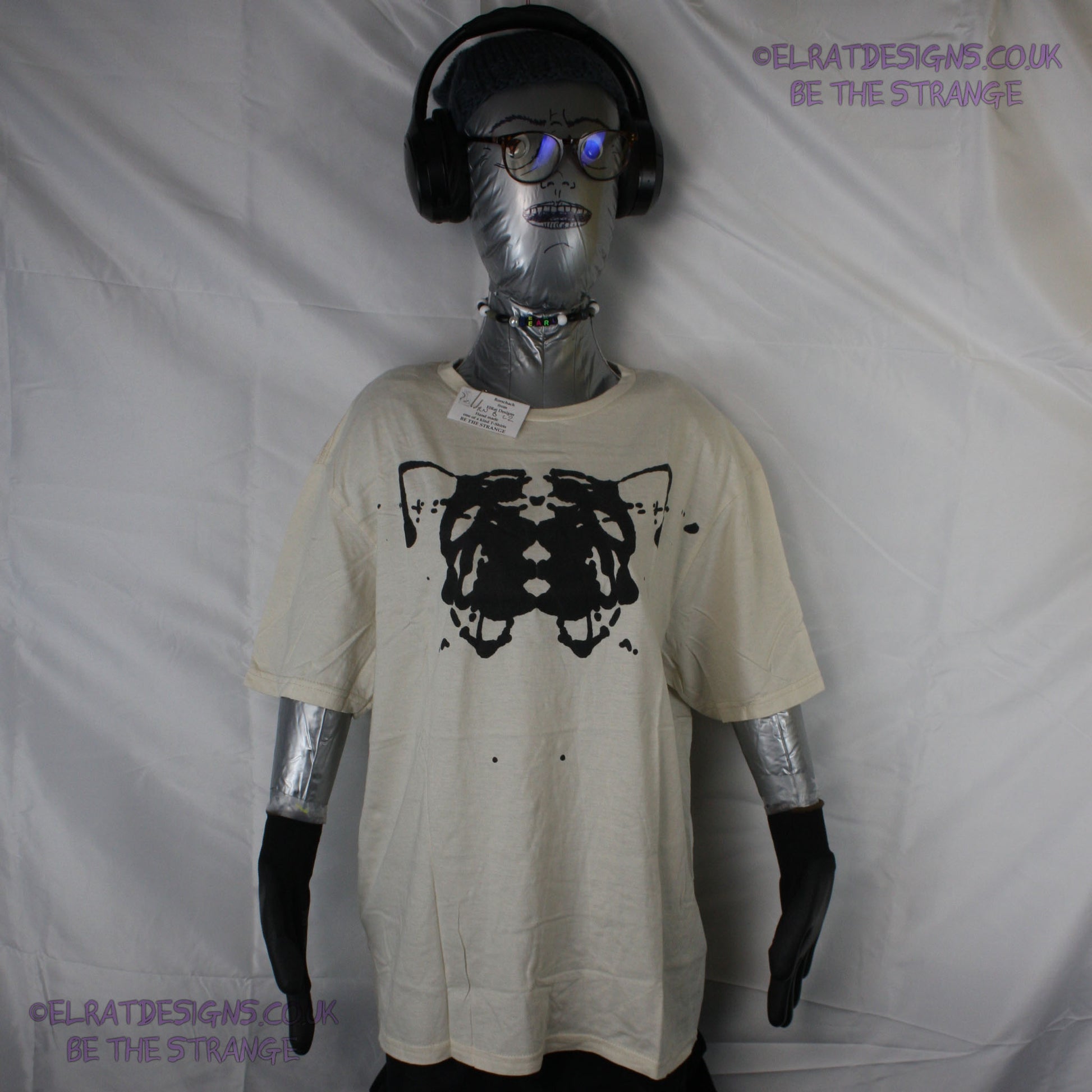 Rorschach, Natural cotton T-Shirt with Black ink blot - Large #21 (RN B L2) - ElRat Designs - elratdesigns.co.uk