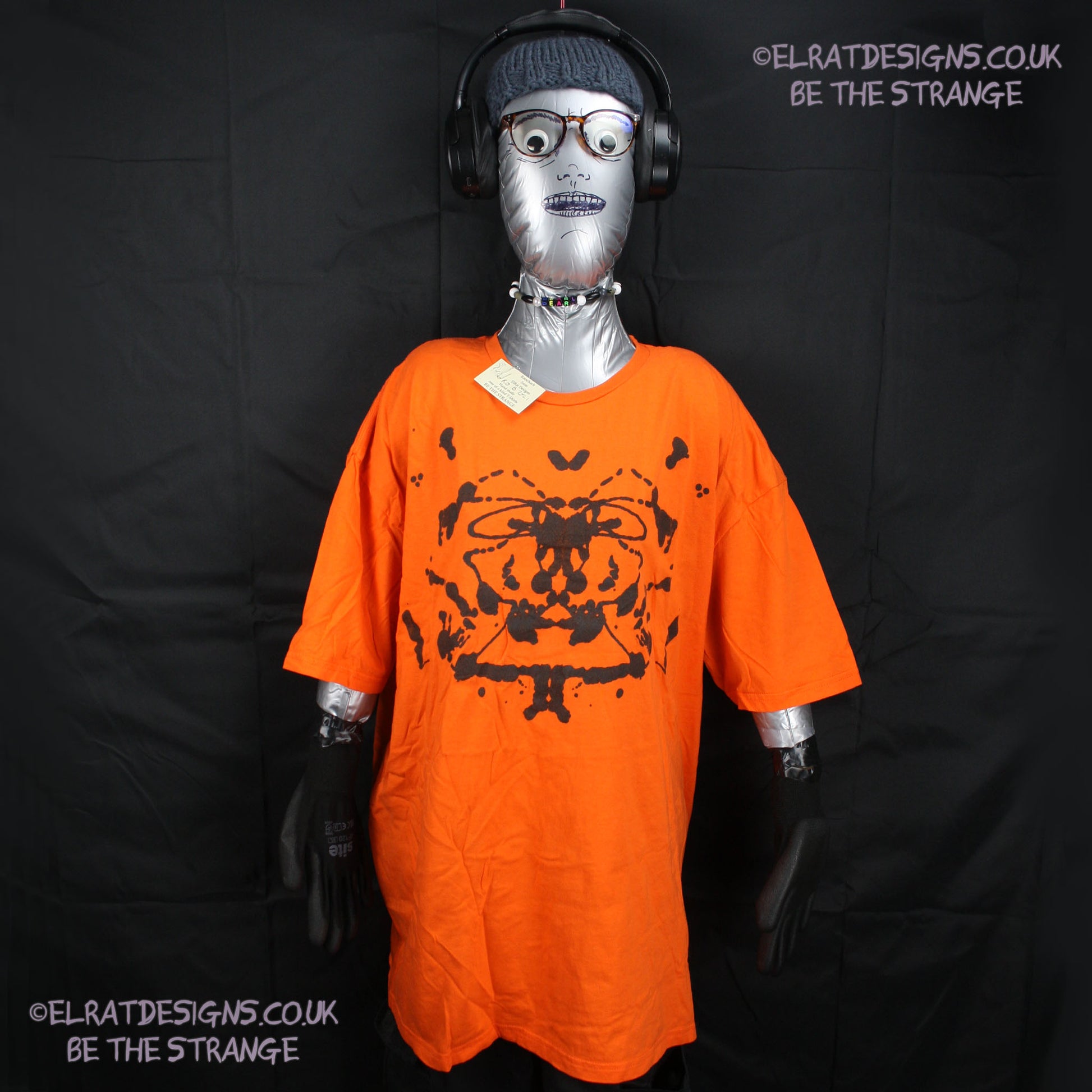 Rorschach, Orange cotton T-Shirt with Black ink blot - 2XLarge #1 (RO B 2XL1) - ElRat Designs - elratdesigns.co.uk