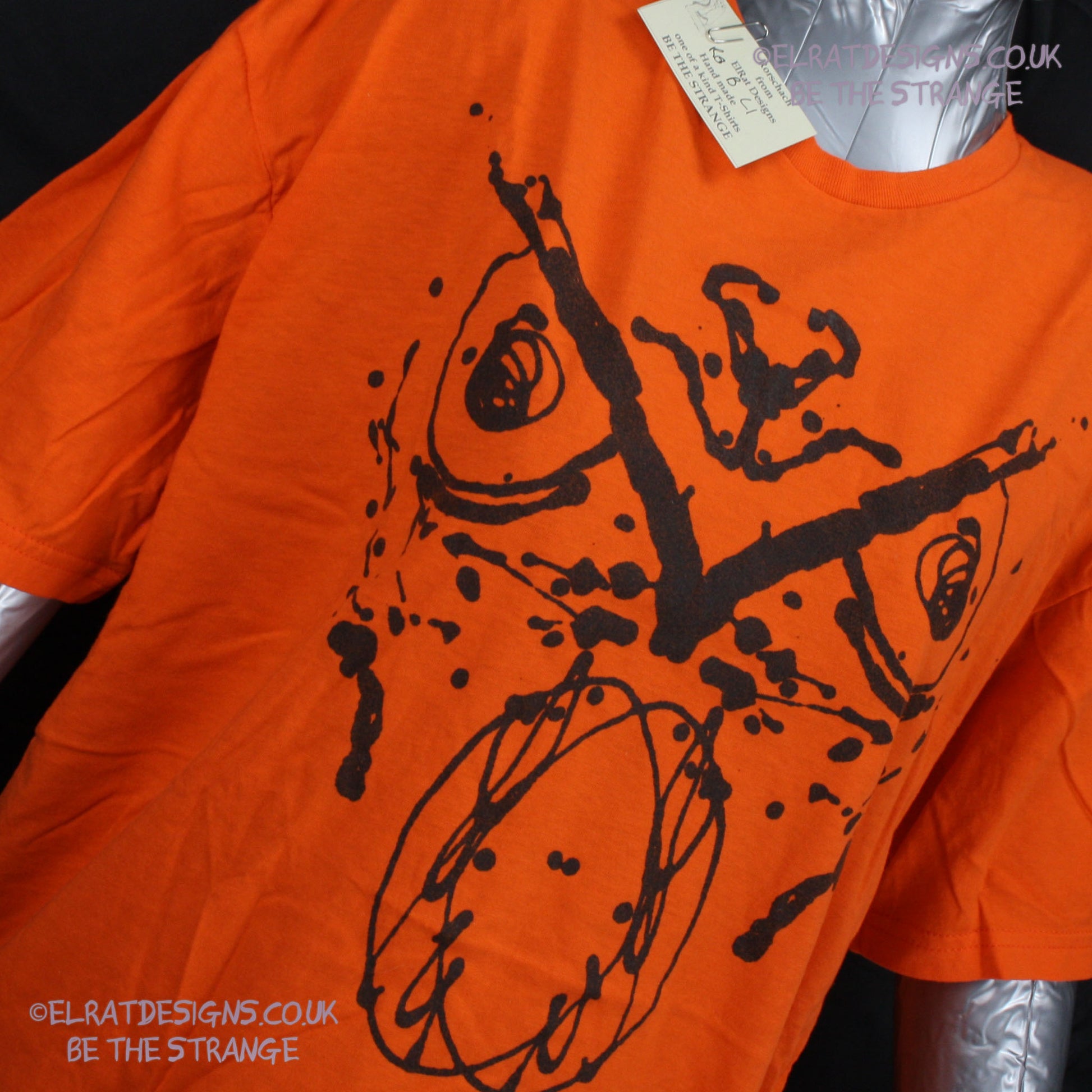 Rorschach, Orange cotton T-Shirt with Black ink blot - Large #1 (RO B L1) - ElRat Designs - elratdesigns.co.uk