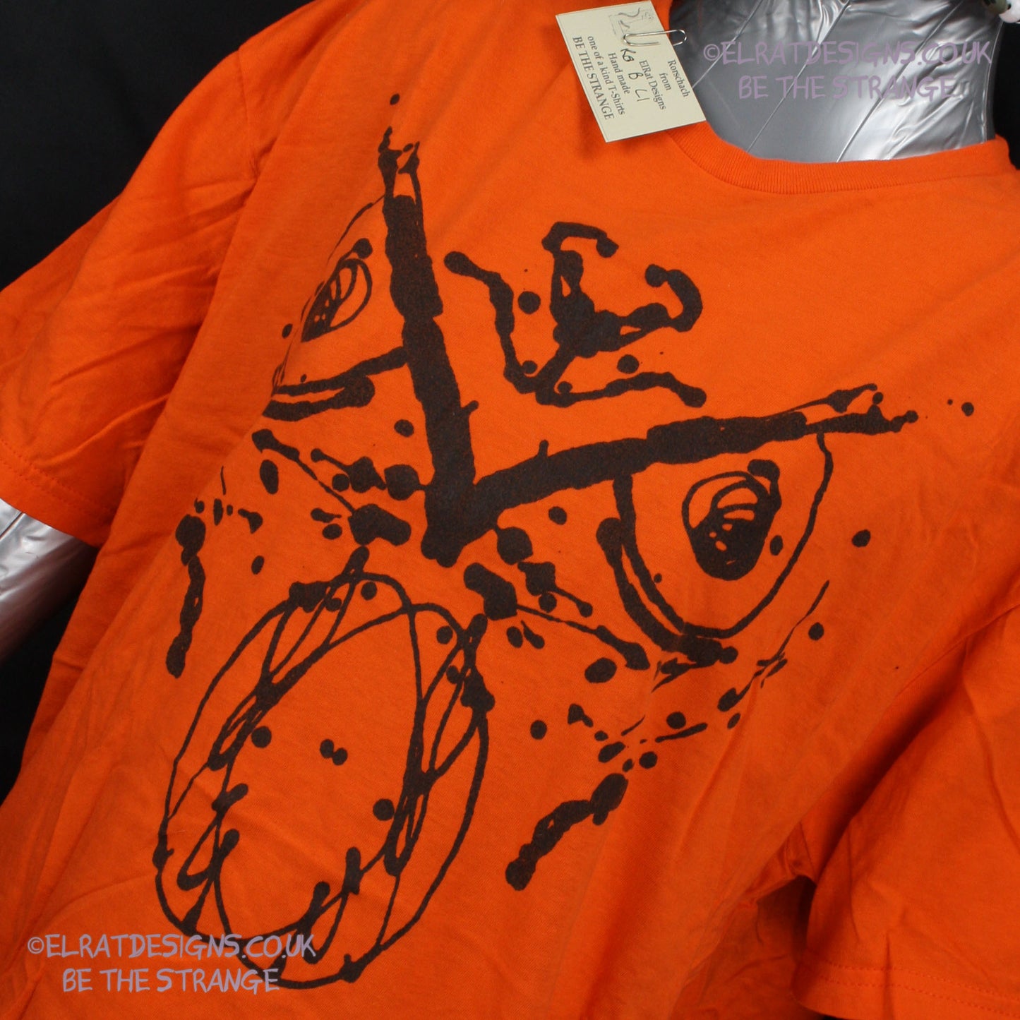 Rorschach, Orange cotton T-Shirt with Black ink blot - Large #1 (RO B L1) - ElRat Designs - elratdesigns.co.uk